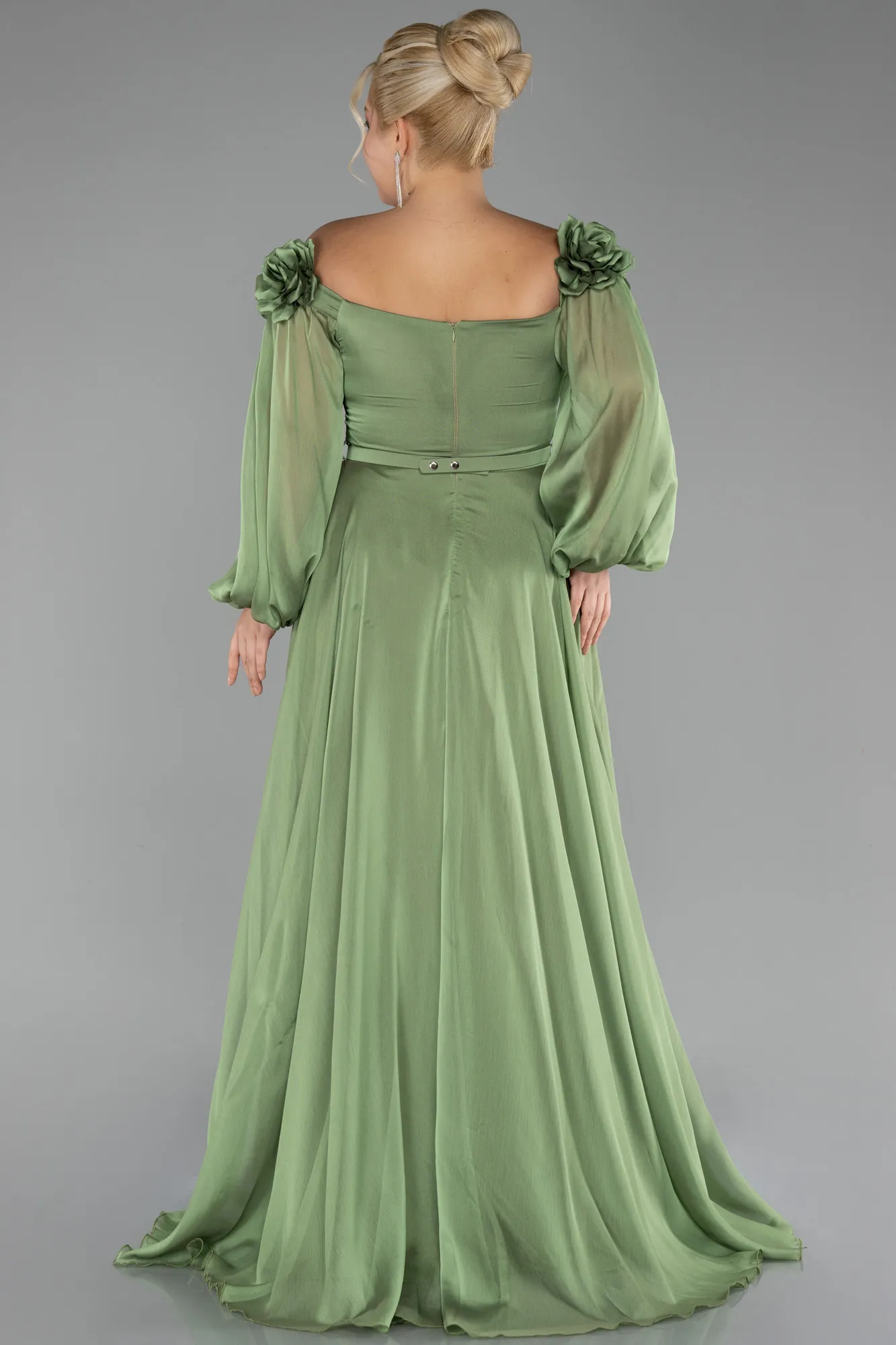 Olive Drab-Boat Neck Long Sleeve Plus Size Chiffon Prom Gown ABU4131