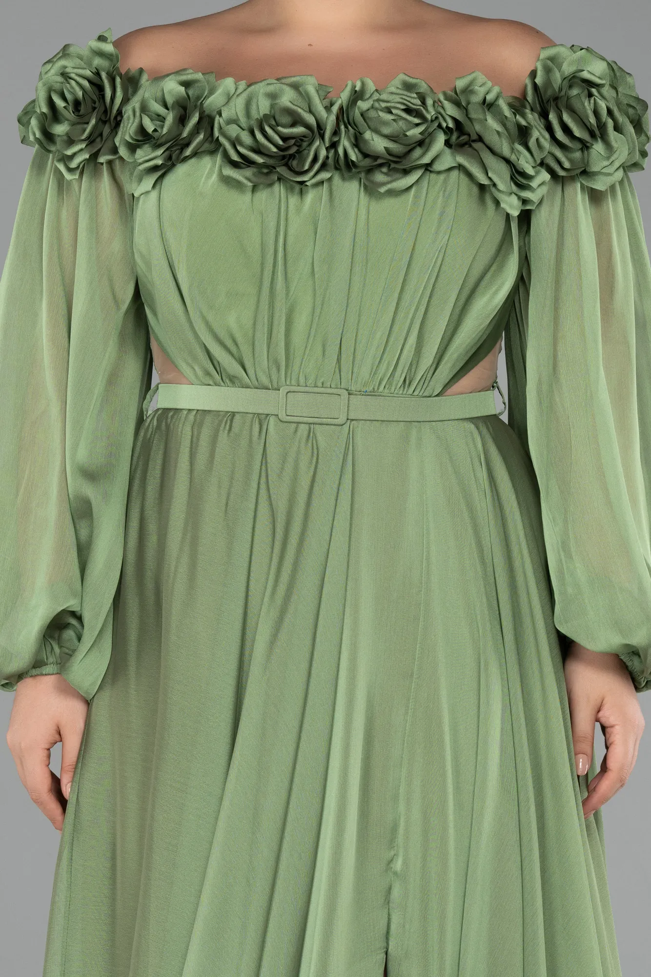 Olive Drab-Boat Neck Long Sleeve Plus Size Chiffon Prom Gown ABU4131