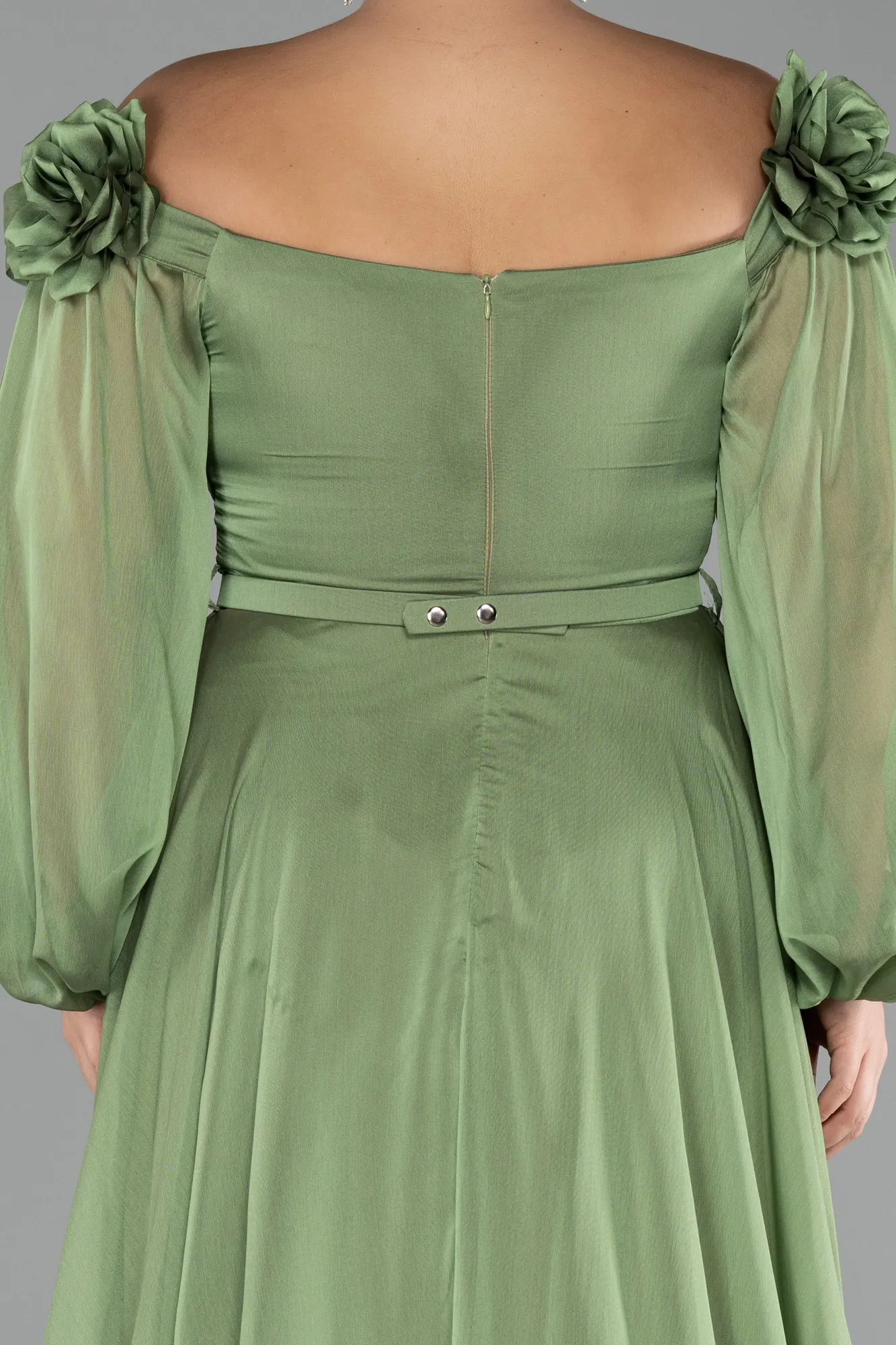 Olive Drab-Boat Neck Long Sleeve Plus Size Chiffon Prom Gown ABU4131