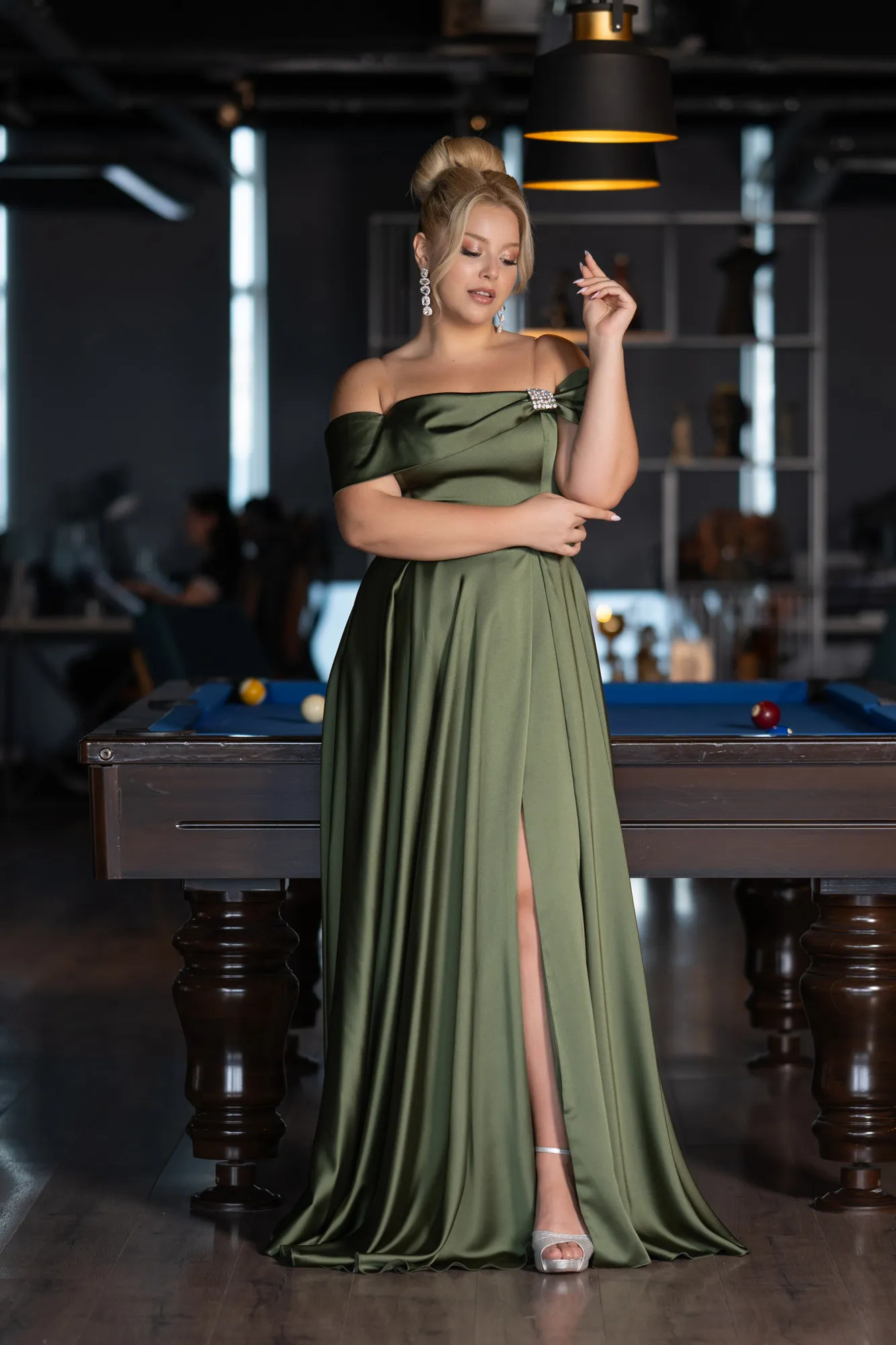 Olive Drab-Boat Neck Satin Plus Size Evening Dress ABU4054