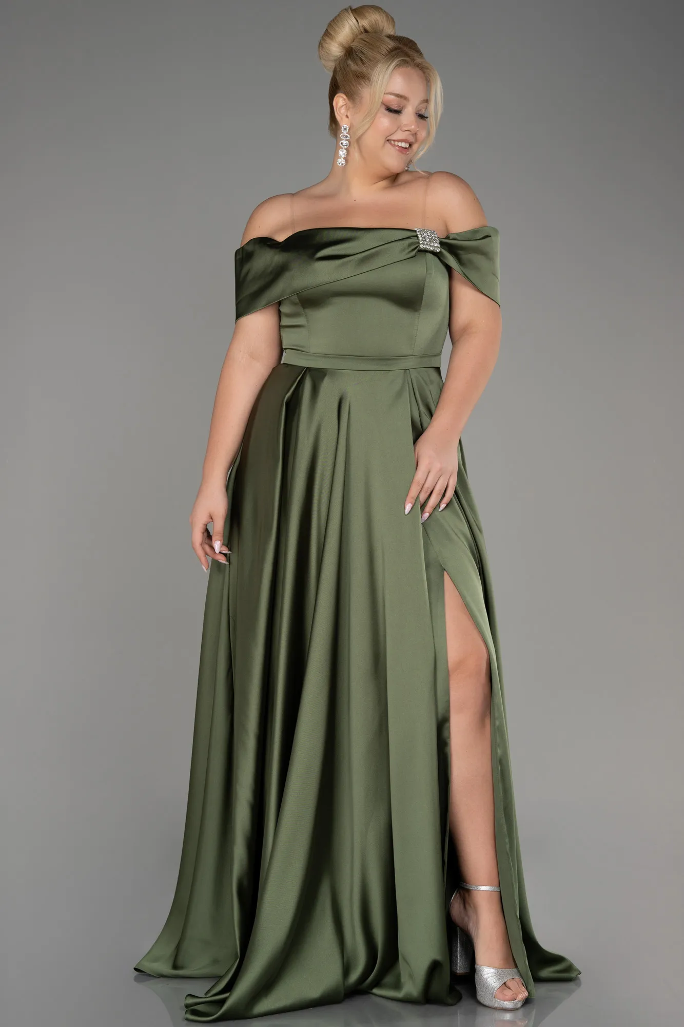 Olive Drab-Boat Neck Satin Plus Size Evening Dress ABU4054