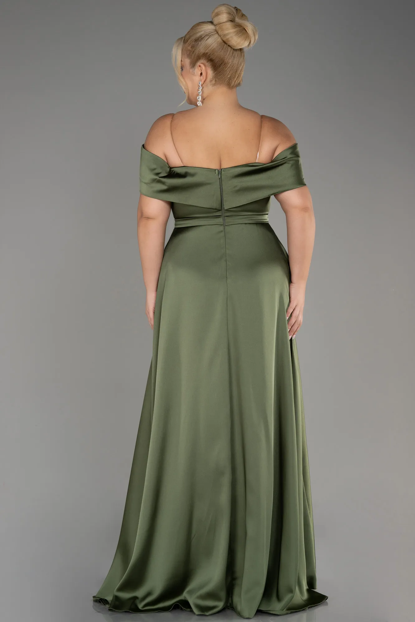 Olive Drab-Boat Neck Satin Plus Size Evening Dress ABU4054