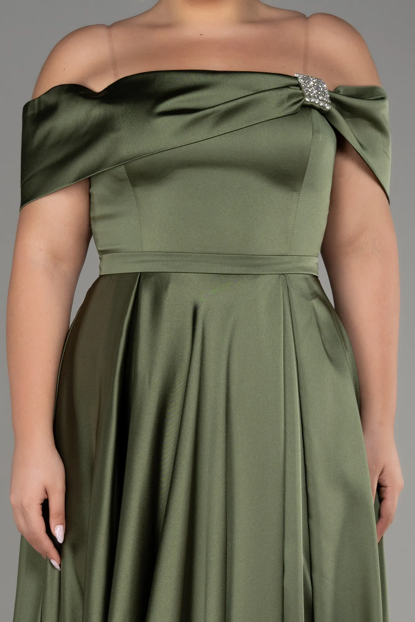 Olive Drab-Boat Neck Satin Plus Size Evening Dress ABU4054