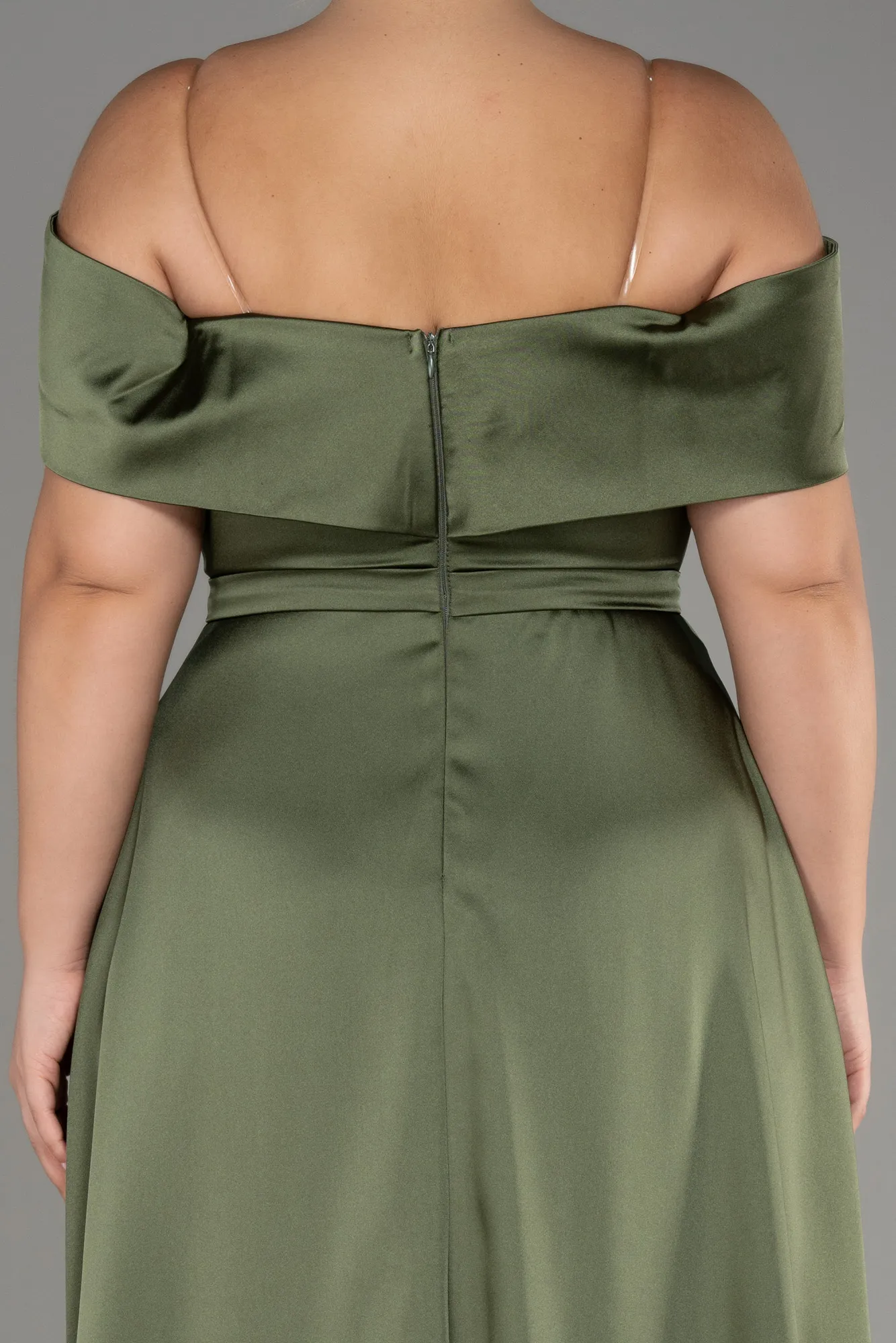 Olive Drab-Boat Neck Satin Plus Size Evening Dress ABU4054