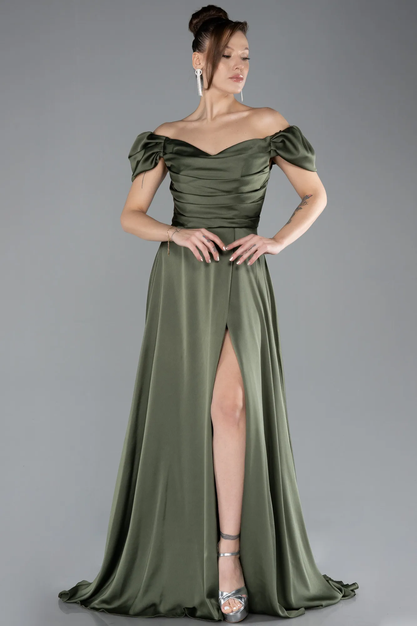 Olive Drab-Boat Neck Slit Long Satin Prom Gown ABU4508