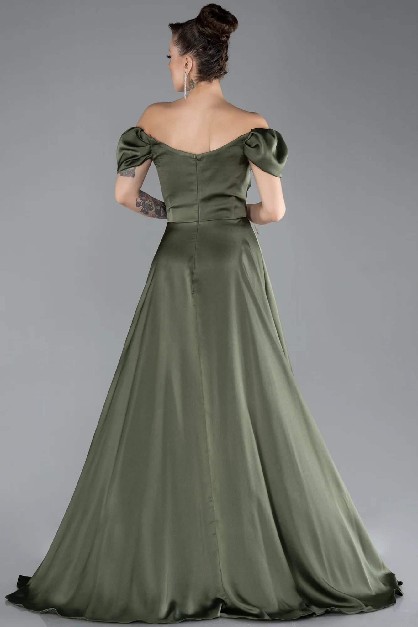 Olive Drab-Boat Neck Slit Long Satin Prom Gown ABU4508