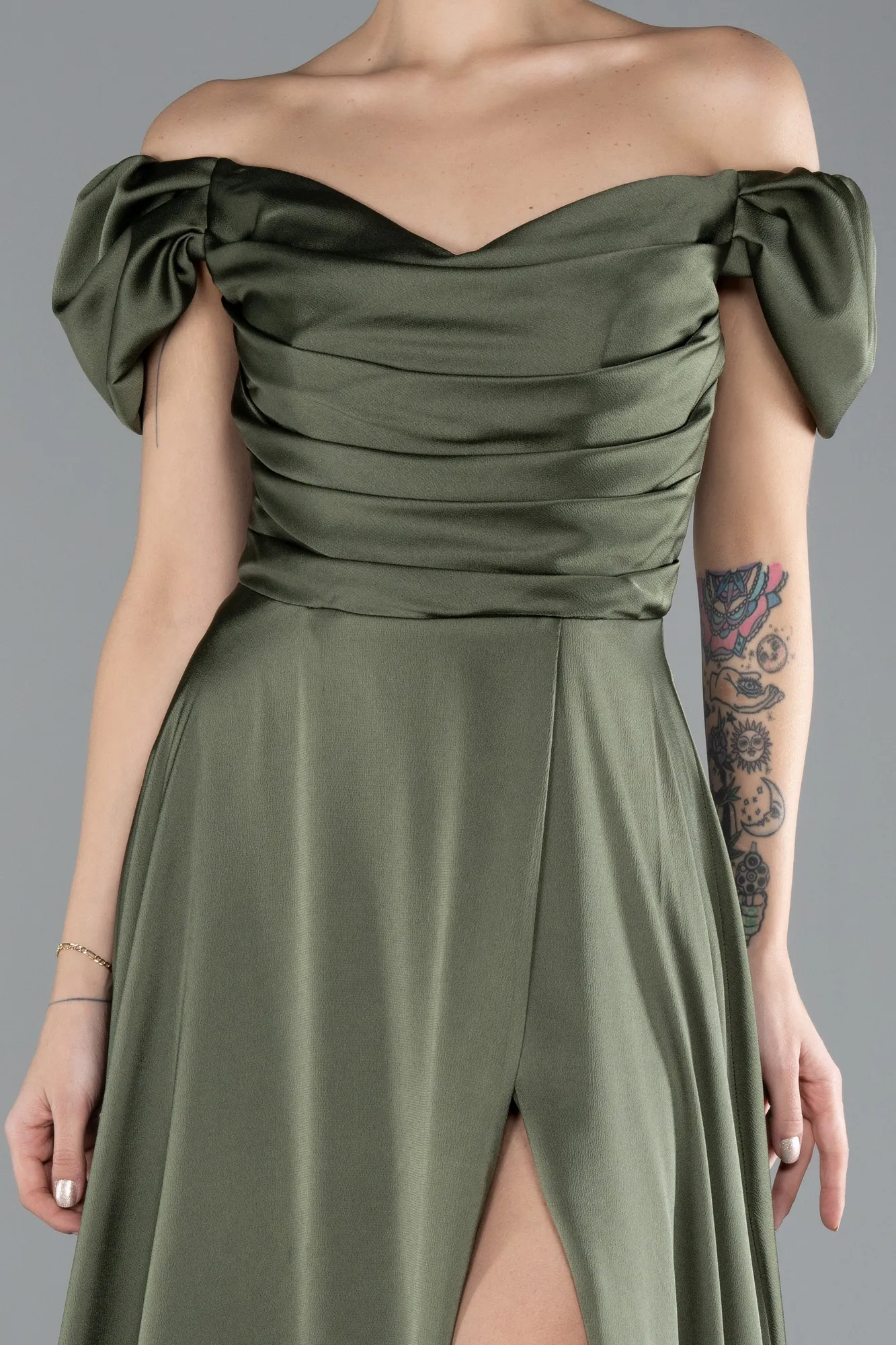 Olive Drab-Boat Neck Slit Long Satin Prom Gown ABU4508