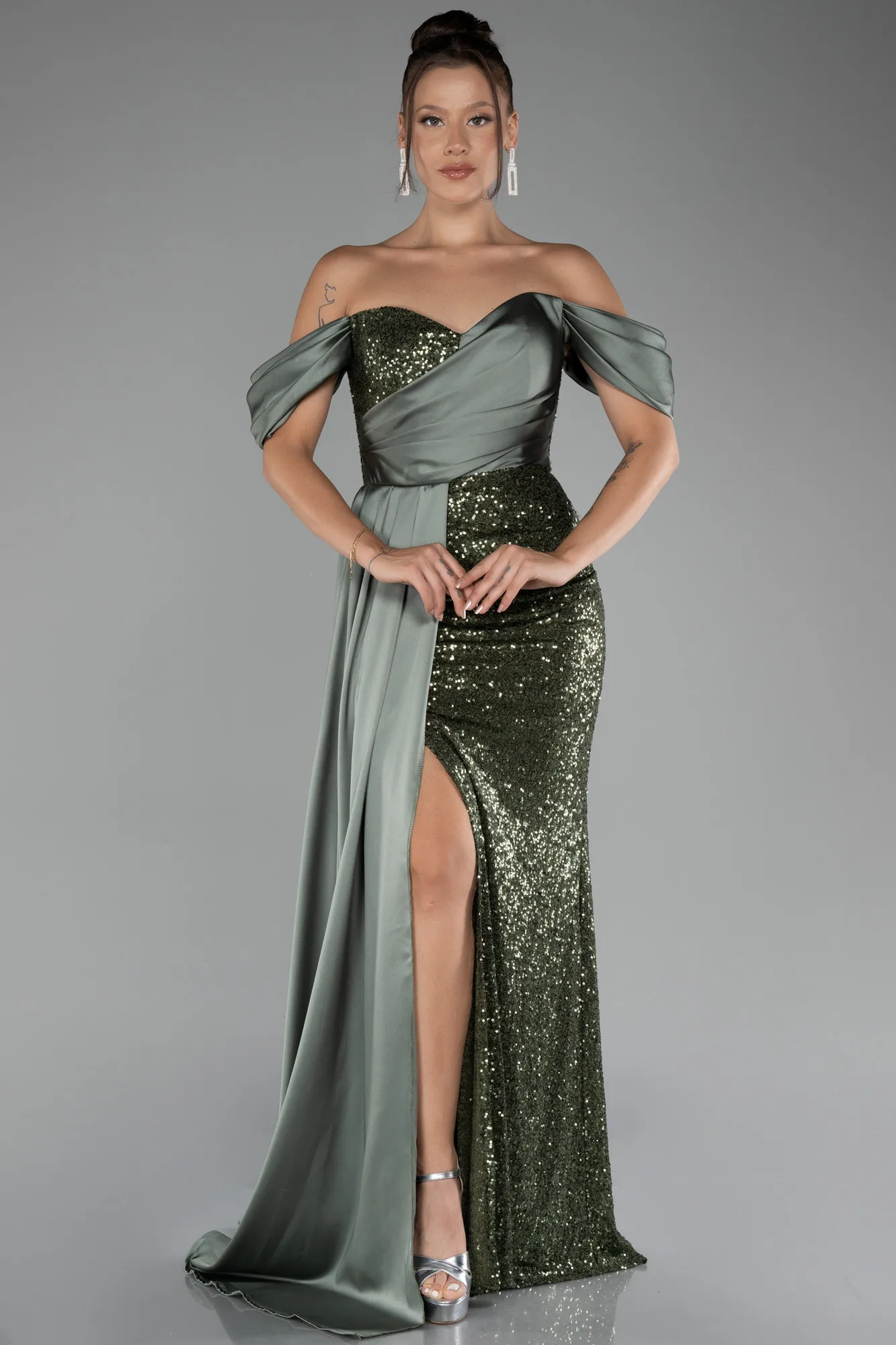 Olive Drab-Boat Neck Slit Long Sequined Evening Gown ABU4085