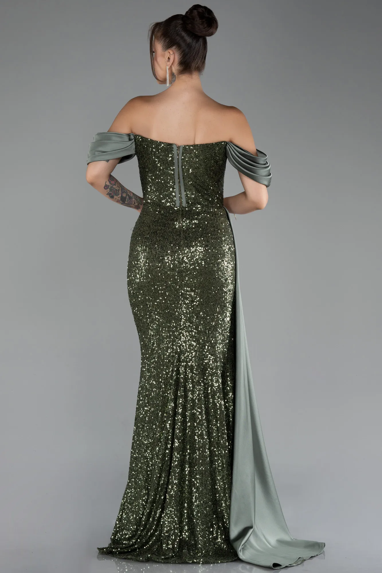 Olive Drab-Boat Neck Slit Long Sequined Evening Gown ABU4085