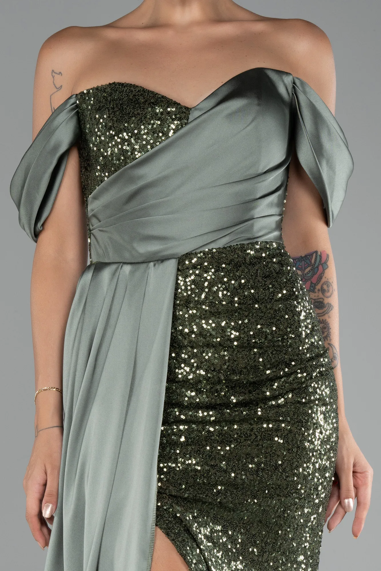 Olive Drab-Boat Neck Slit Long Sequined Evening Gown ABU4085