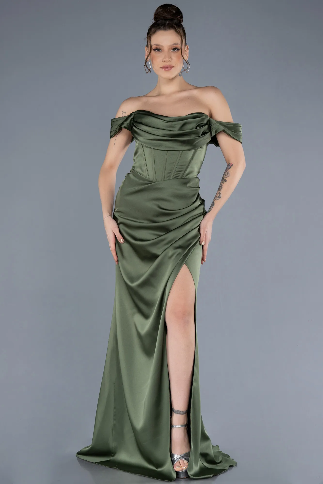 Olive Drab-Boat Neck Slit Satin Long Prom Gown ABU4582