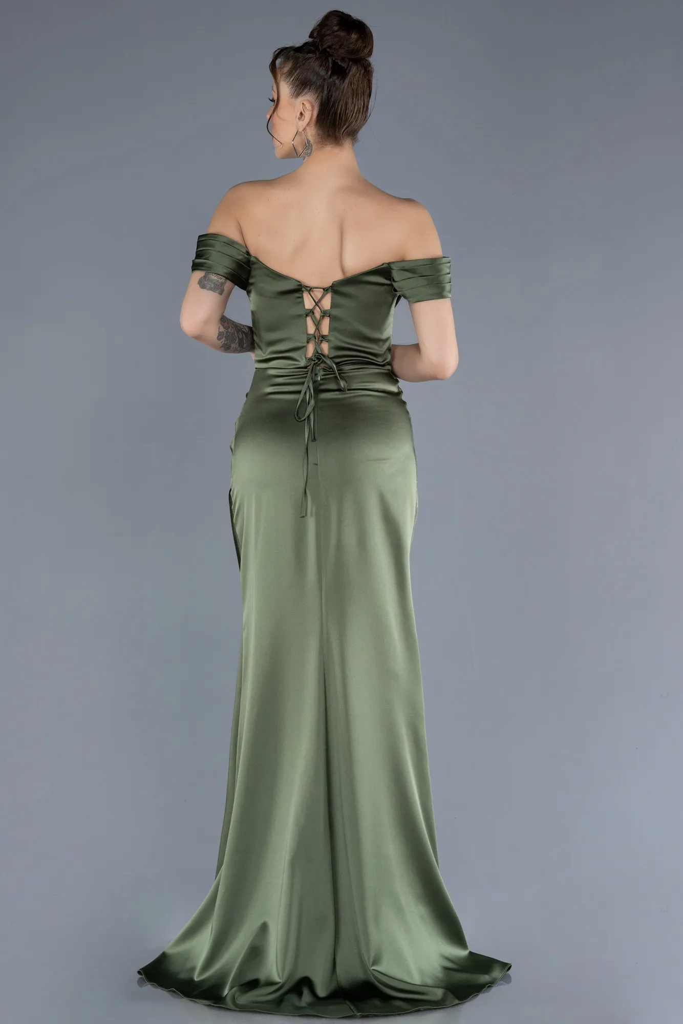 Olive Drab-Boat Neck Slit Satin Long Prom Gown ABU4582