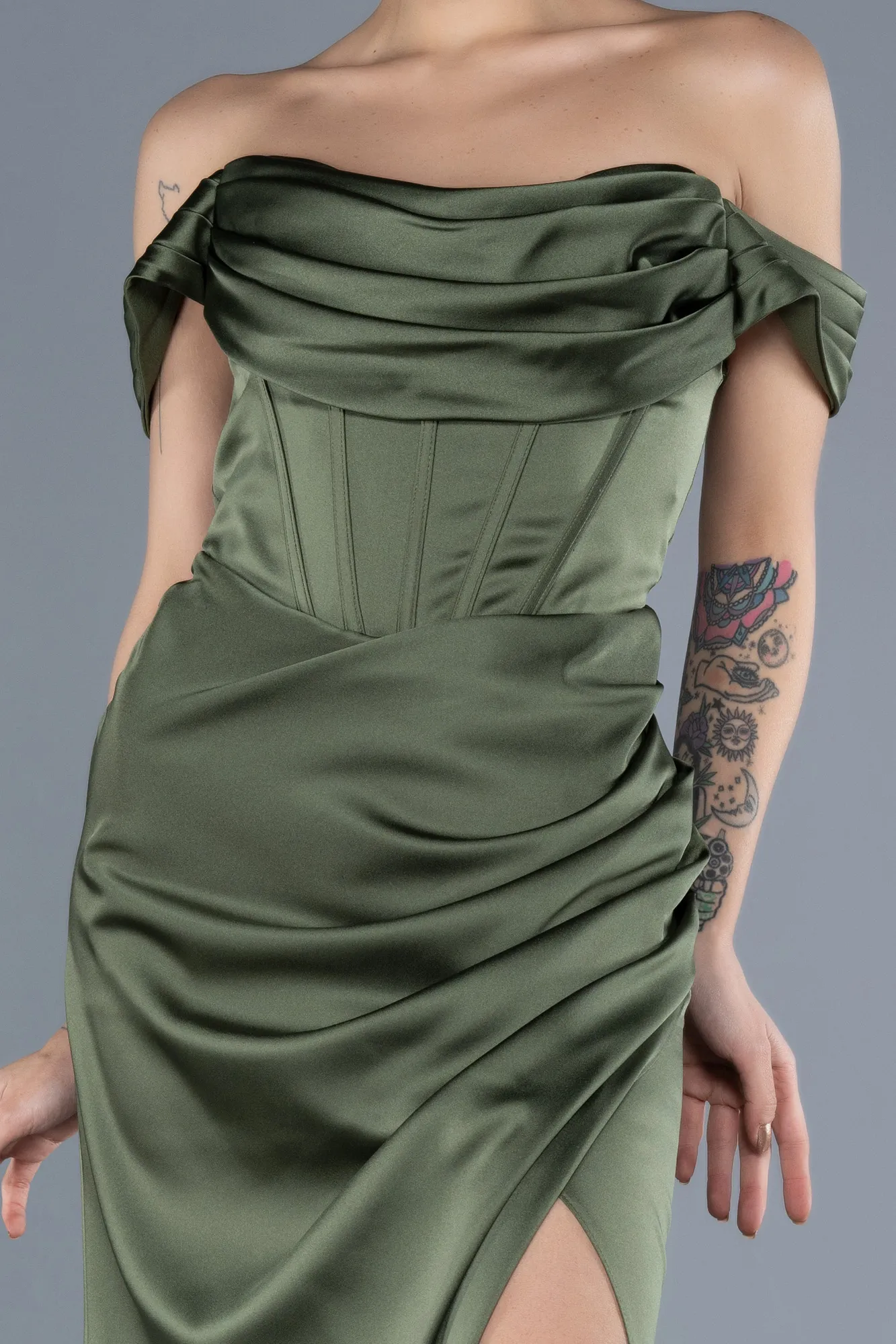 Olive Drab-Boat Neck Slit Satin Long Prom Gown ABU4582