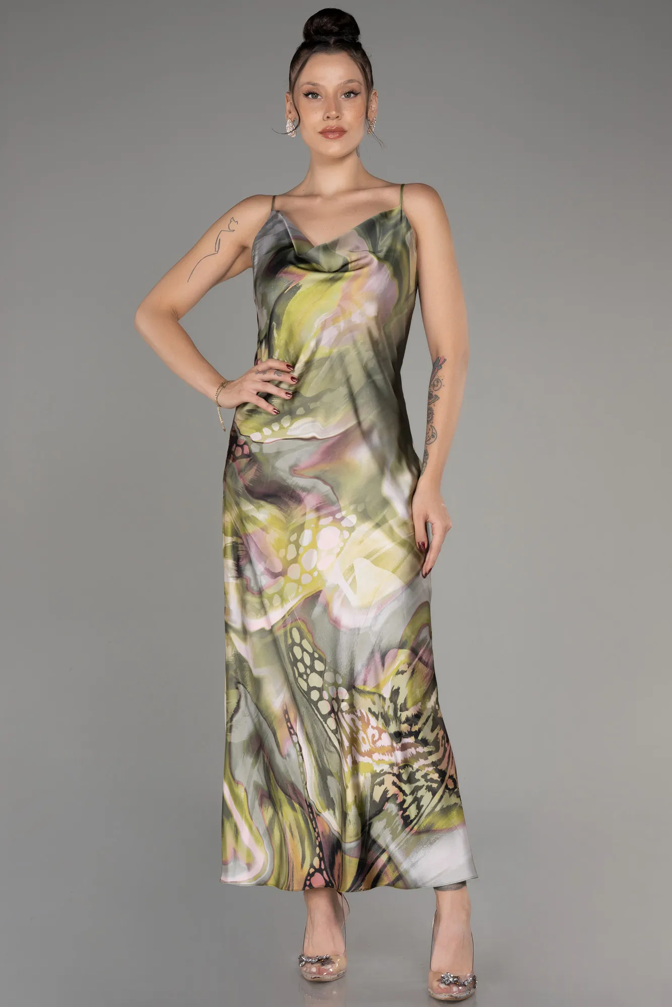 Olive Drab-Cowl Neck Patterned Midi Chiffon Prom Dress ABK2105