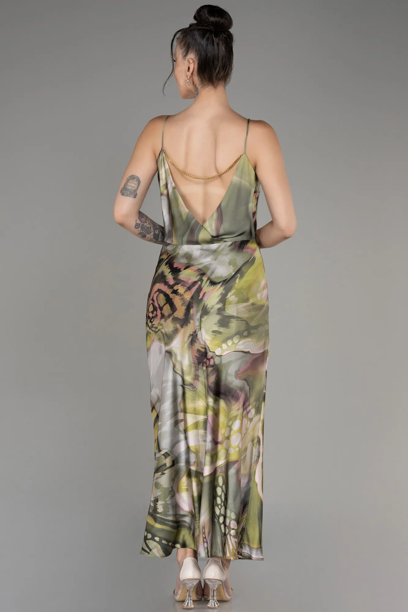 Olive Drab-Cowl Neck Patterned Midi Chiffon Prom Dress ABK2105