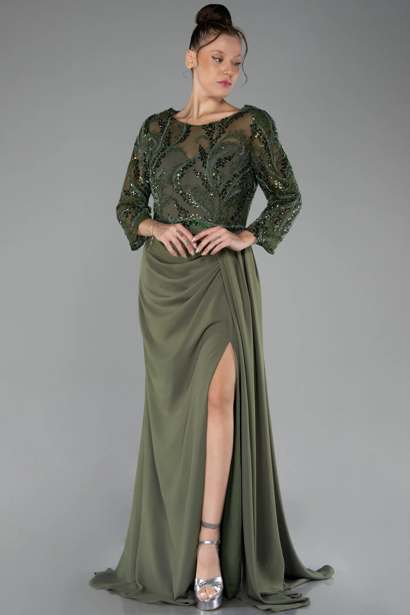 Olive Drab-Embroidered Capri Sleeve Slit Chiffon Evening Gown ABU4293