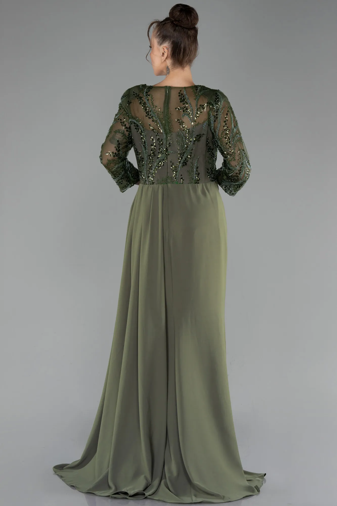 Olive Drab-Embroidered Capri Sleeve Slit Chiffon Evening Gown ABU4293