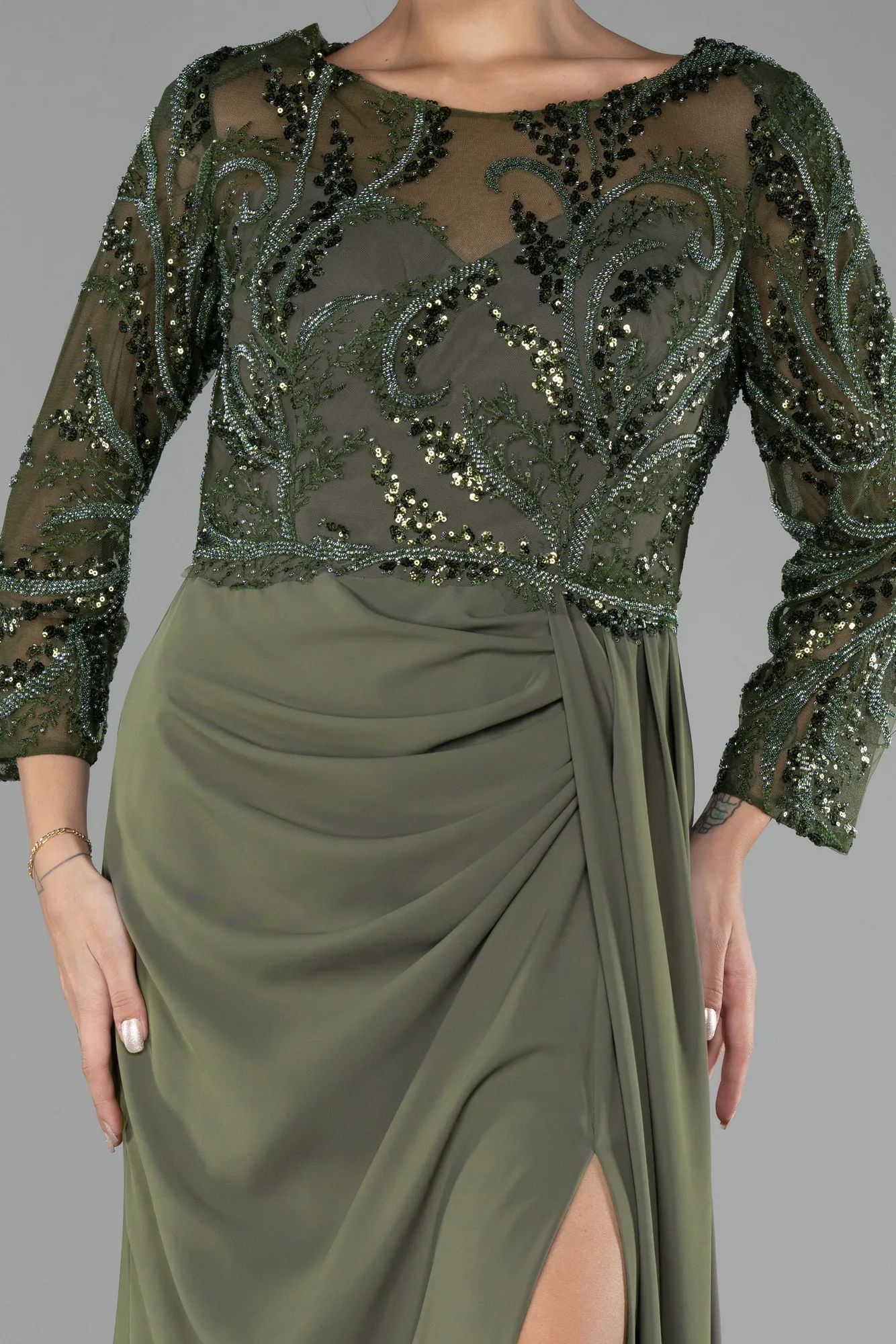 Olive Drab-Embroidered Capri Sleeve Slit Chiffon Evening Gown ABU4293