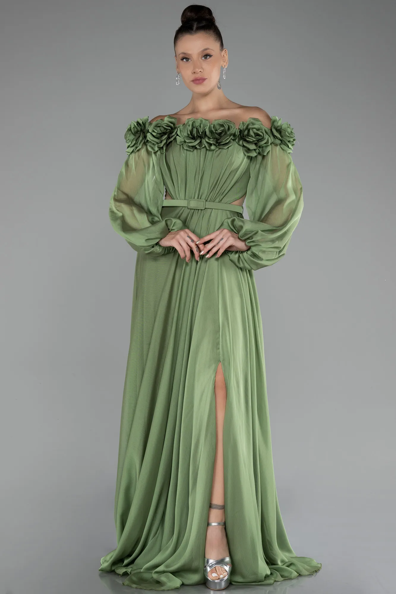 Olive Drab-Floral Boat Neck Long Sleeve Chiffon Prom Gown ABU4130