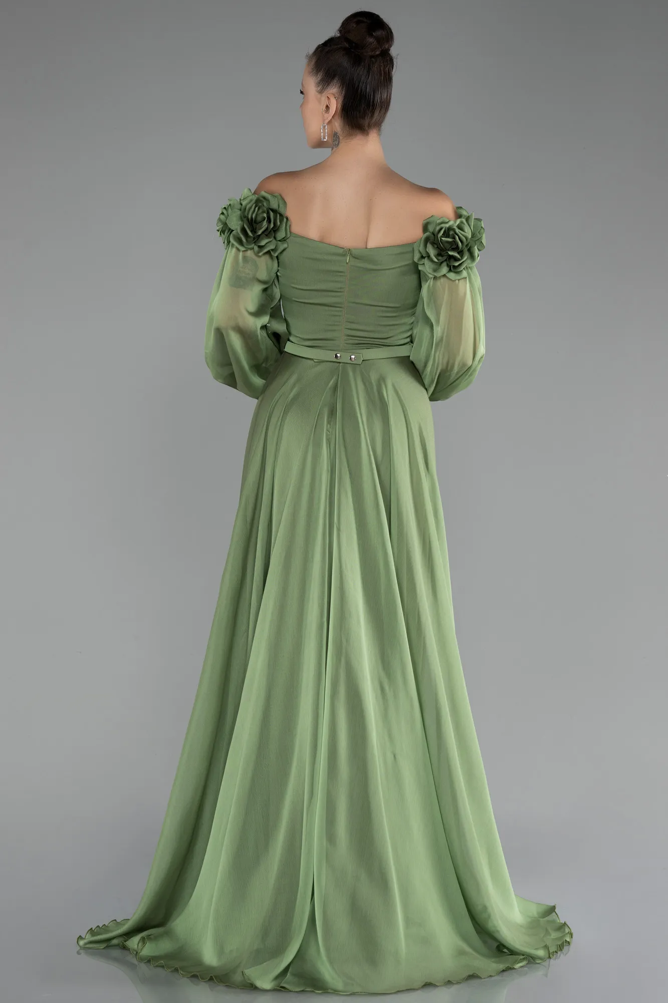 Olive Drab-Floral Boat Neck Long Sleeve Chiffon Prom Gown ABU4130