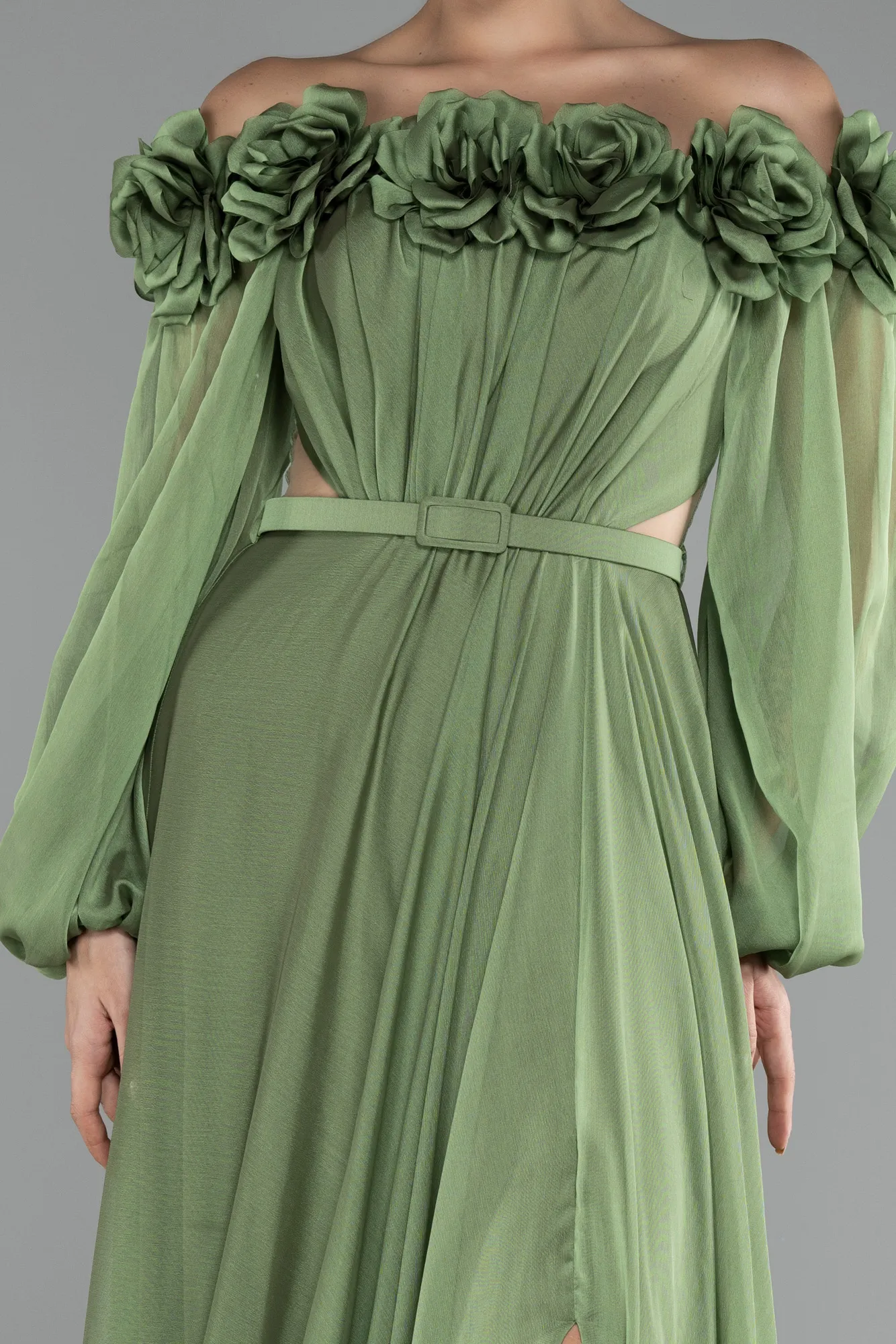 Olive Drab-Floral Boat Neck Long Sleeve Chiffon Prom Gown ABU4130