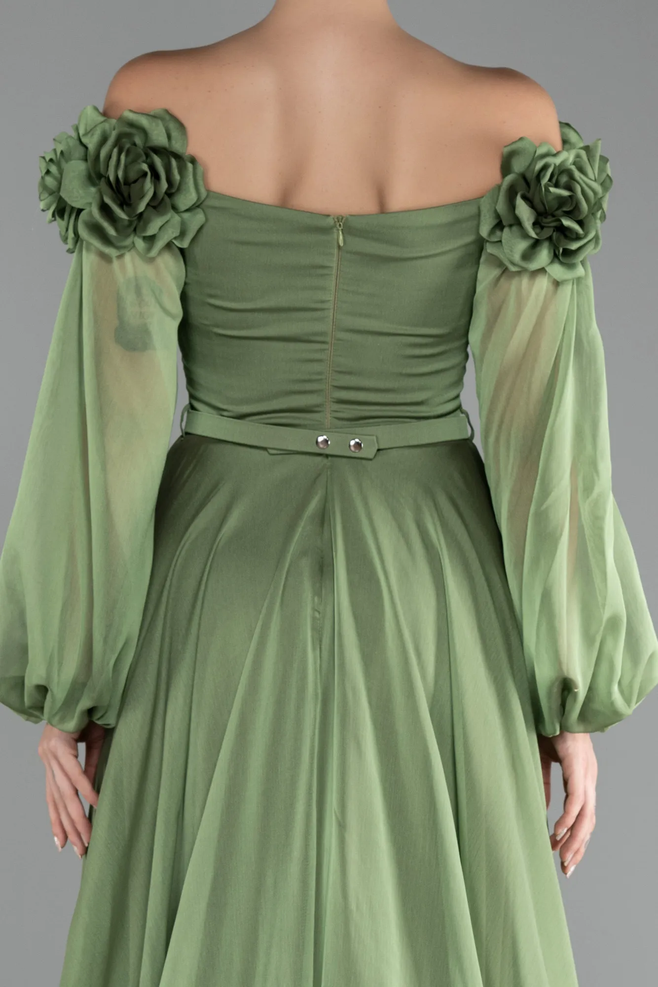 Olive Drab-Floral Boat Neck Long Sleeve Chiffon Prom Gown ABU4130