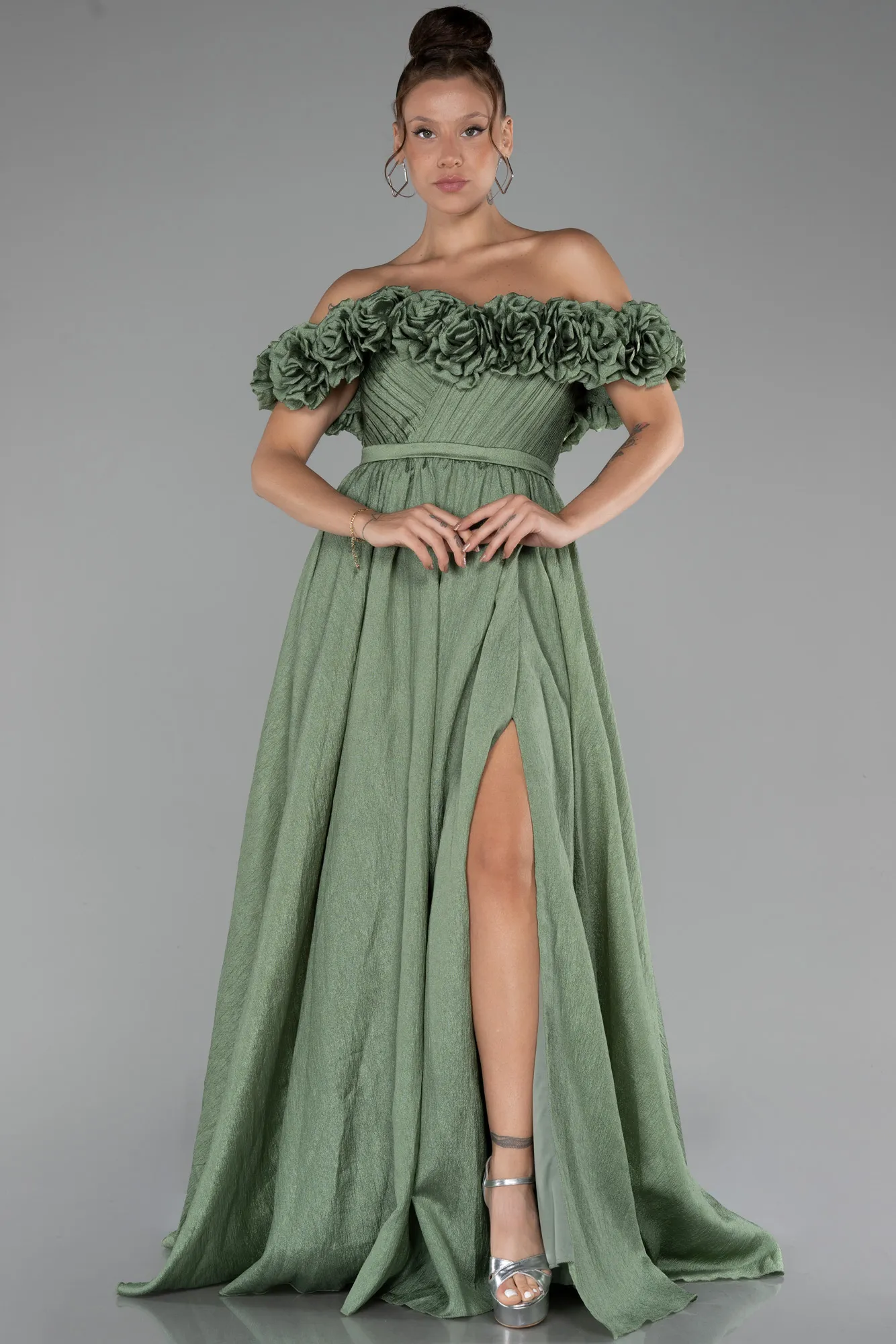 Olive Drab-Floral Boat Neck Slit Long Prom Dress ABU4278