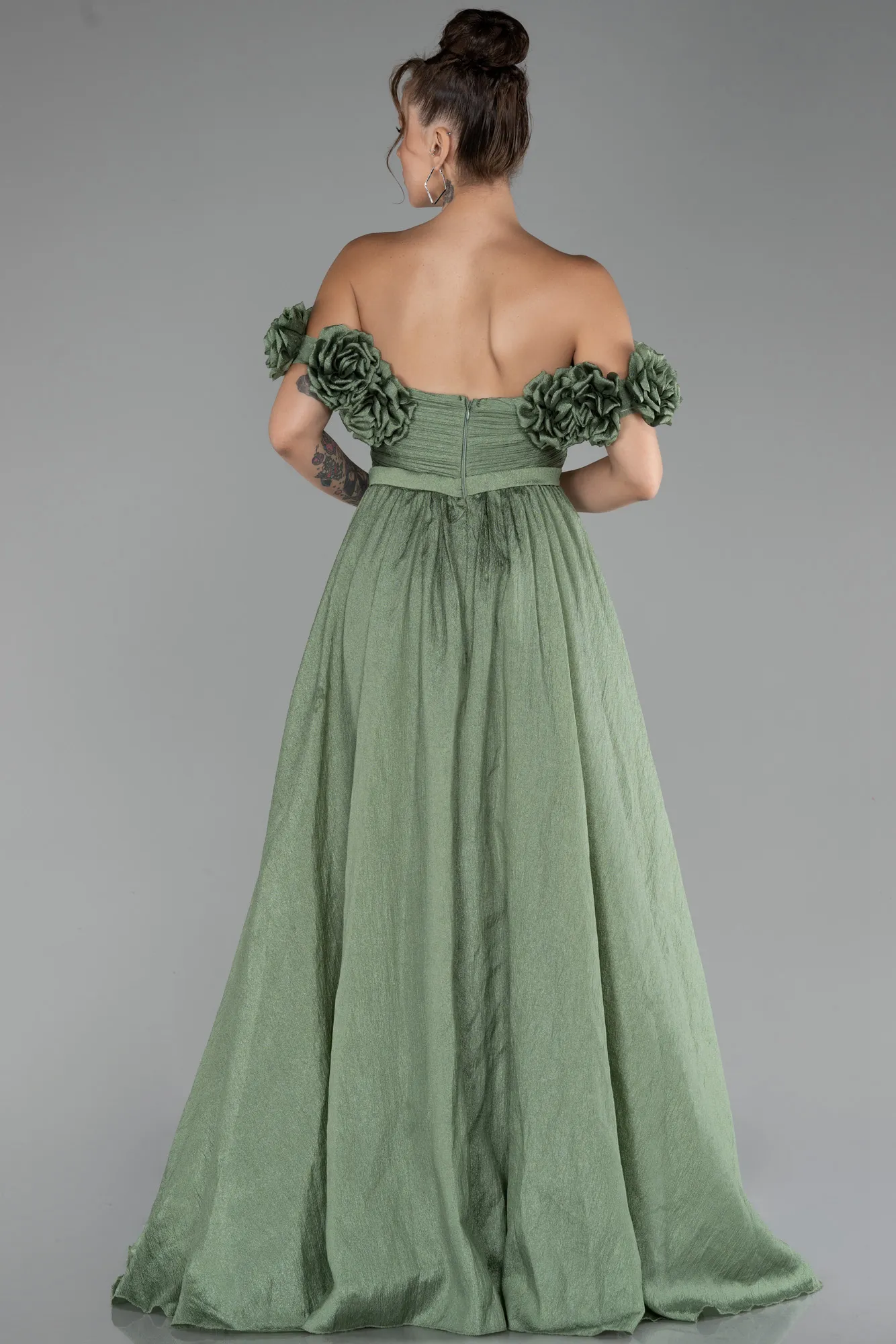 Olive Drab-Floral Boat Neck Slit Long Prom Dress ABU4278