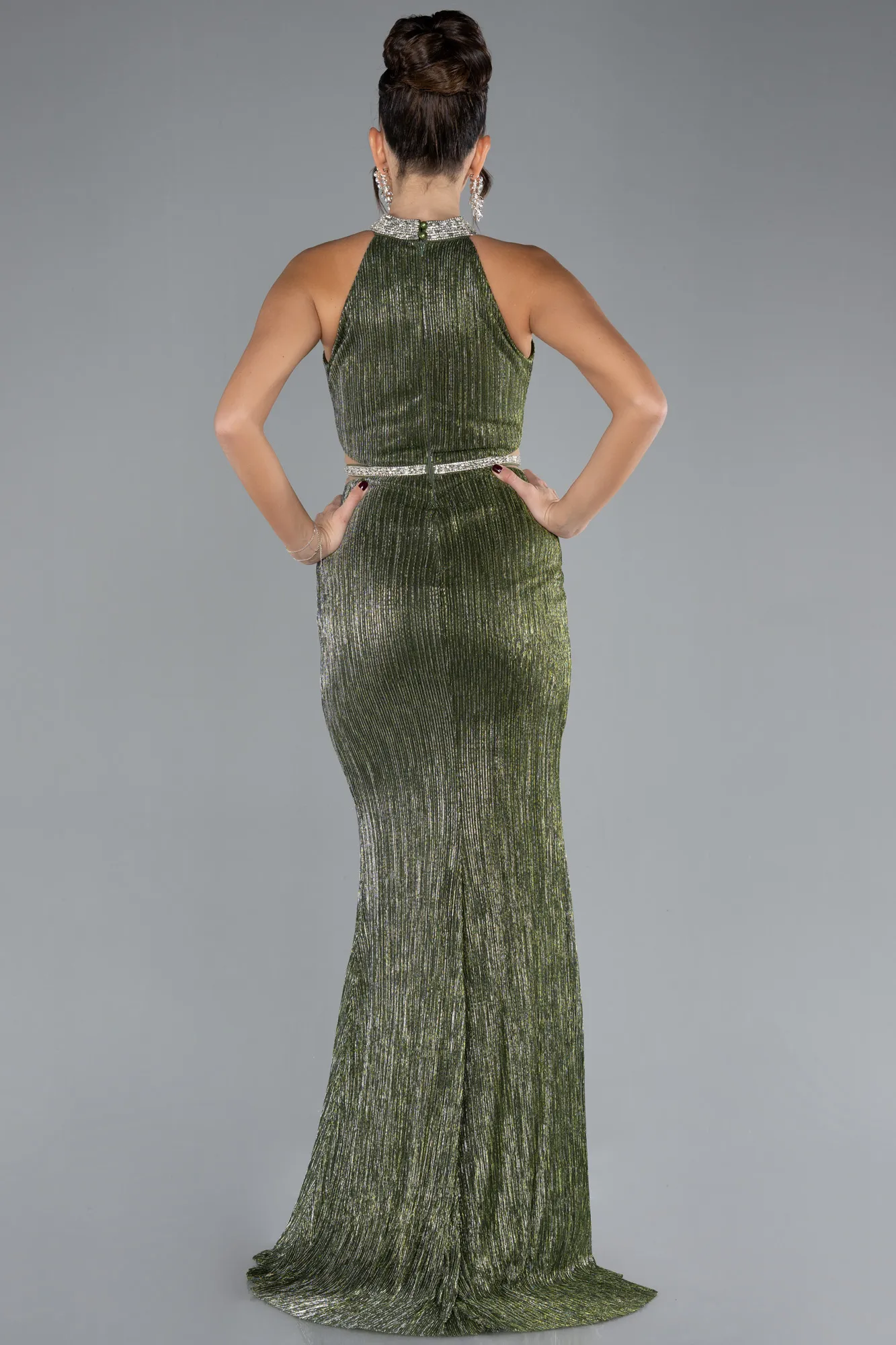 Olive Drab-Halter Neck Slit Long Evening Gown ABU4324