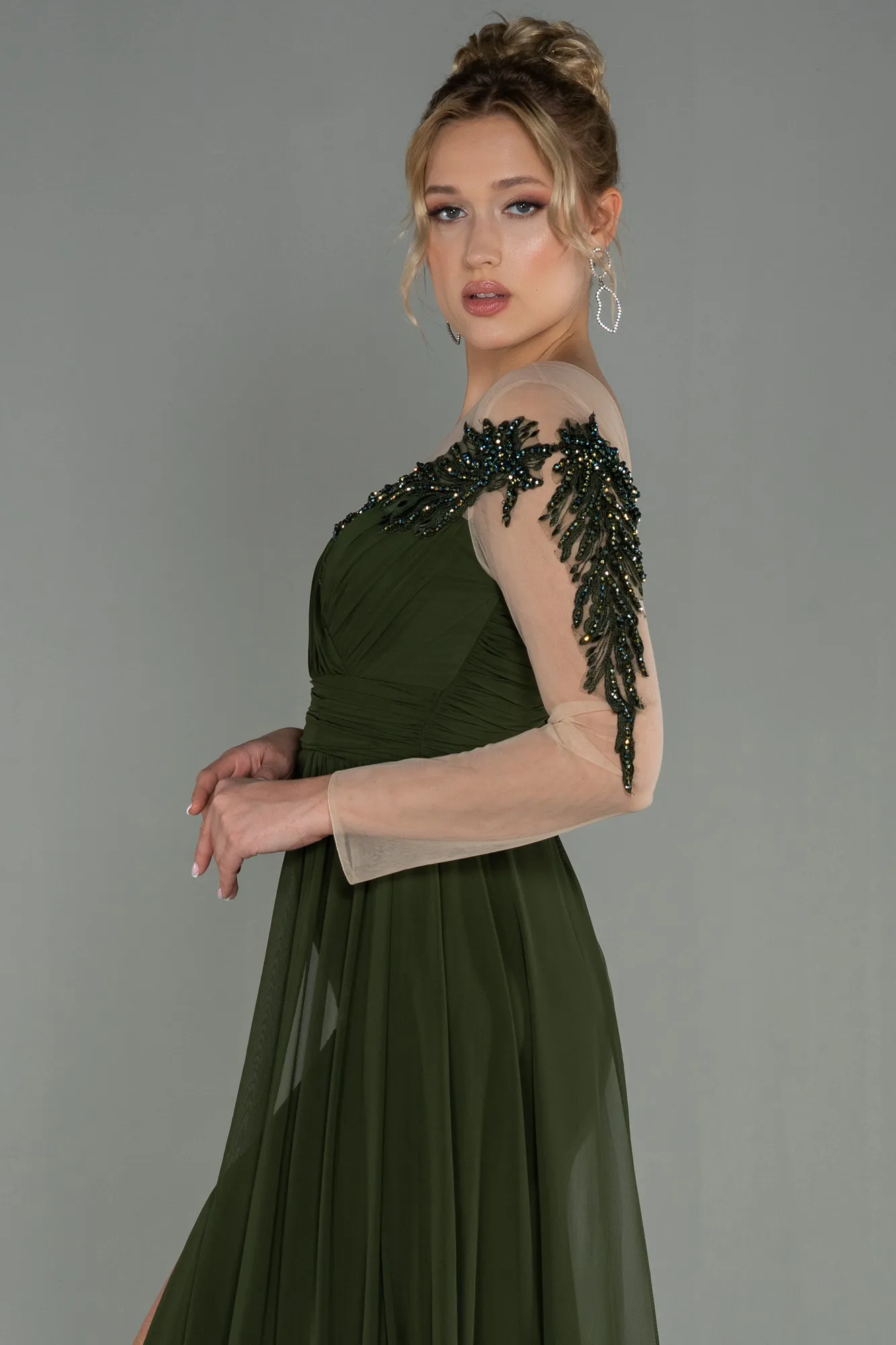 Olive Drab-Long Chiffon Evening Dress ABU3012