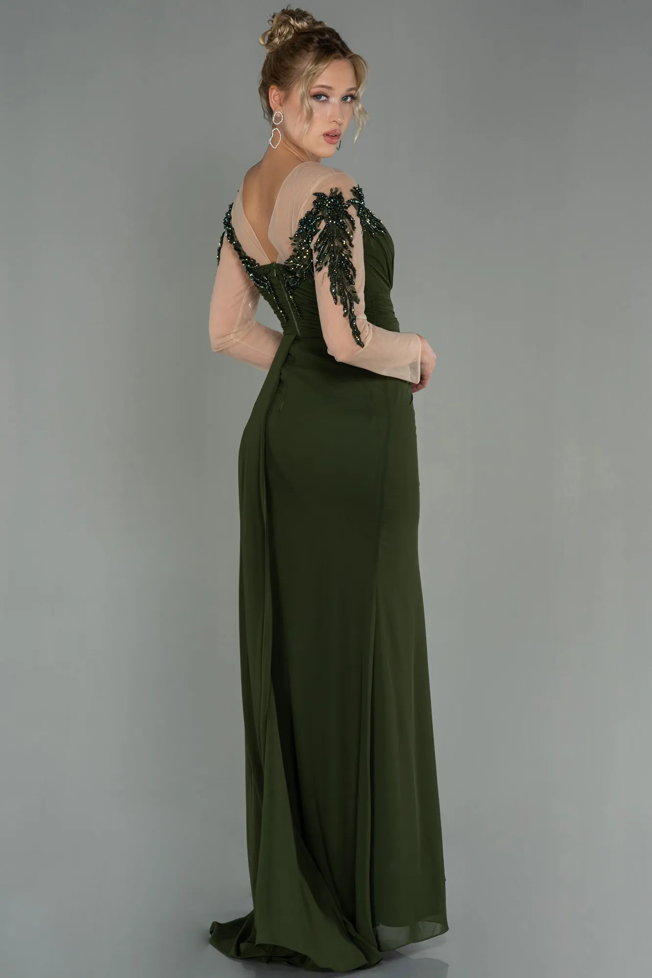 Olive Drab-Long Chiffon Evening Dress ABU3012