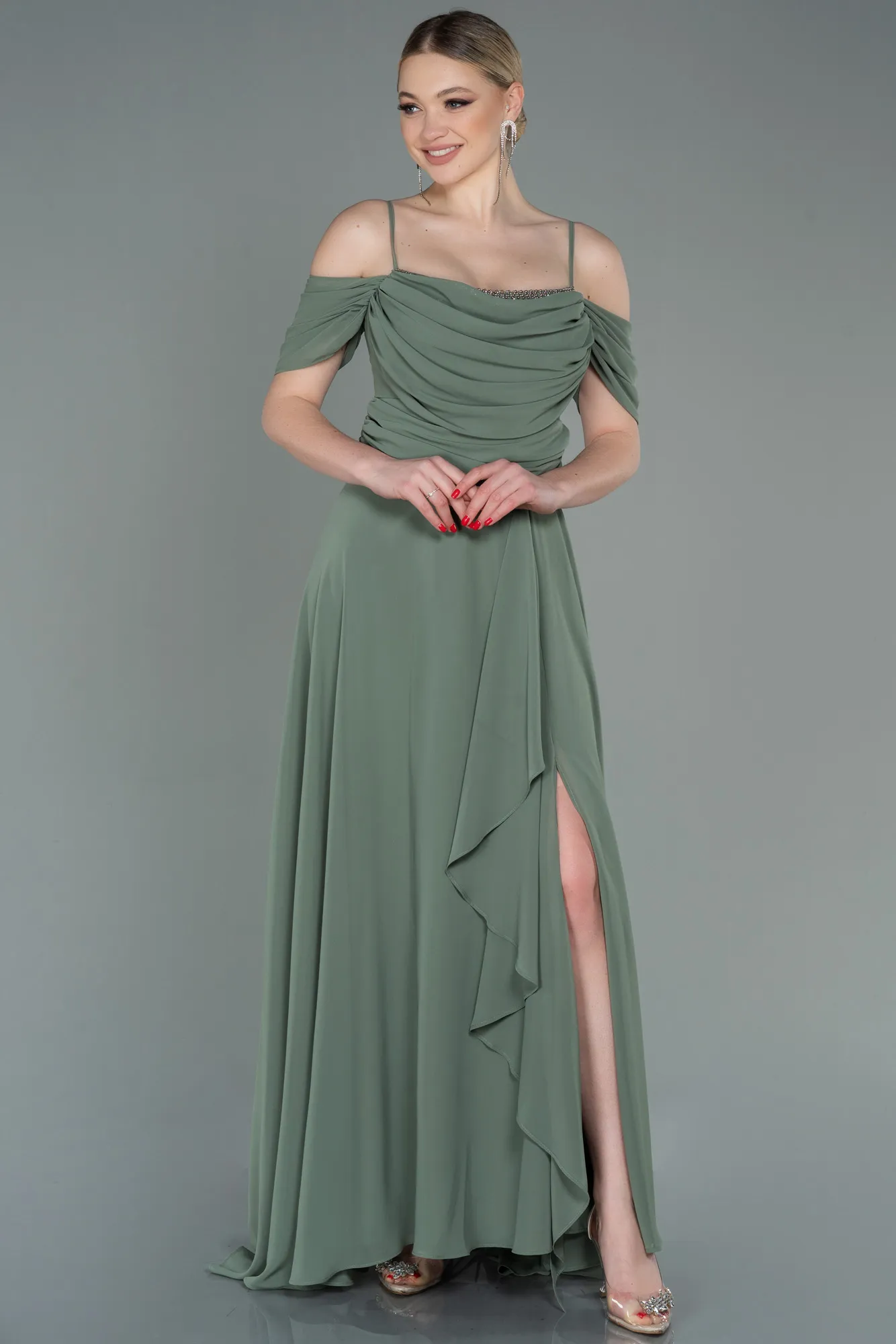 Olive Drab-Long Chiffon Evening Dress ABU3093