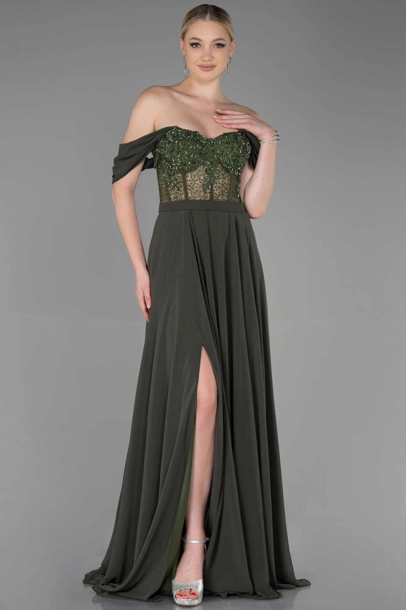 Olive Drab-Long Chiffon Evening Dress ABU3310