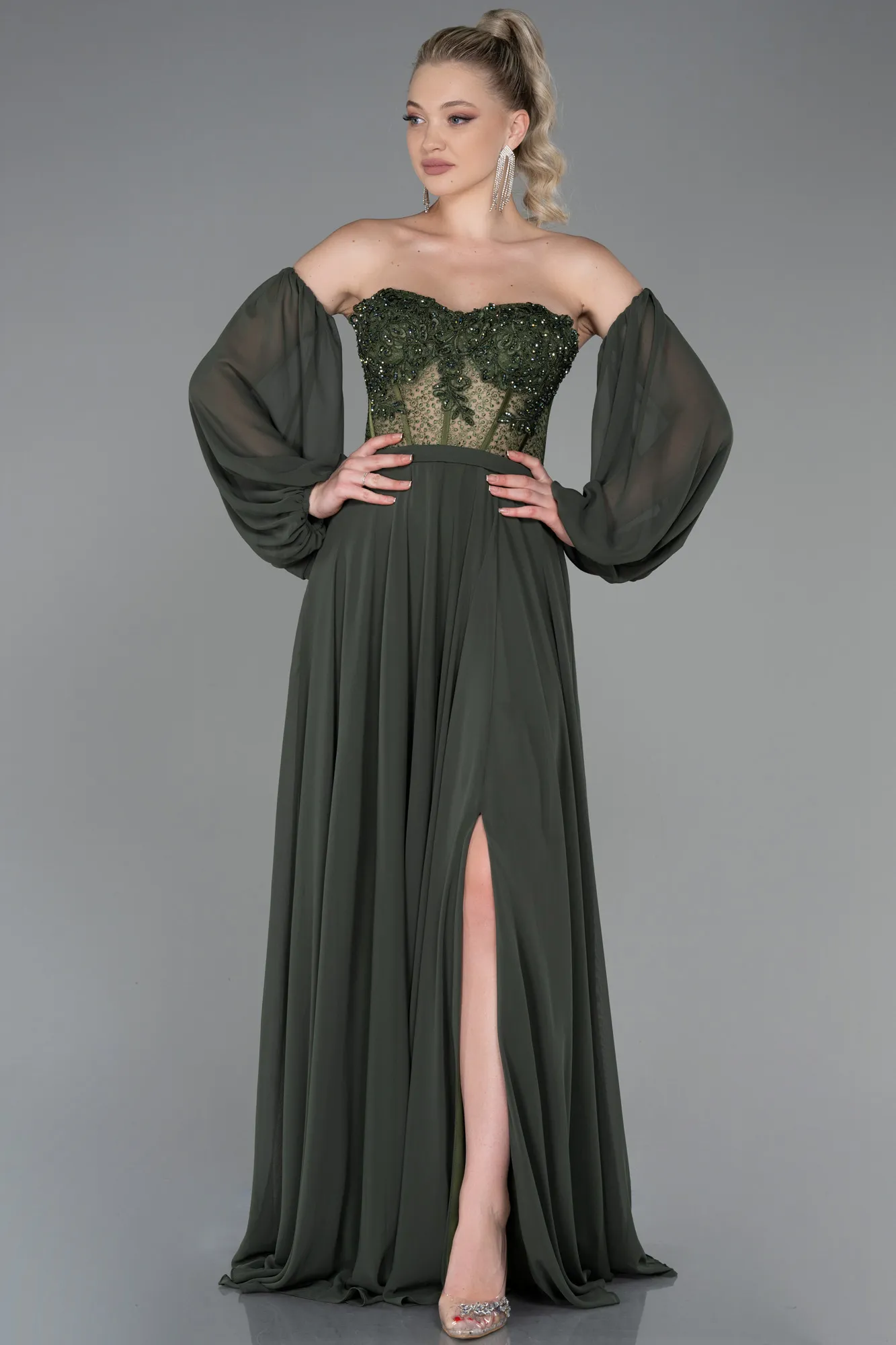 Olive Drab-Long Chiffon Evening Dress ABU3450