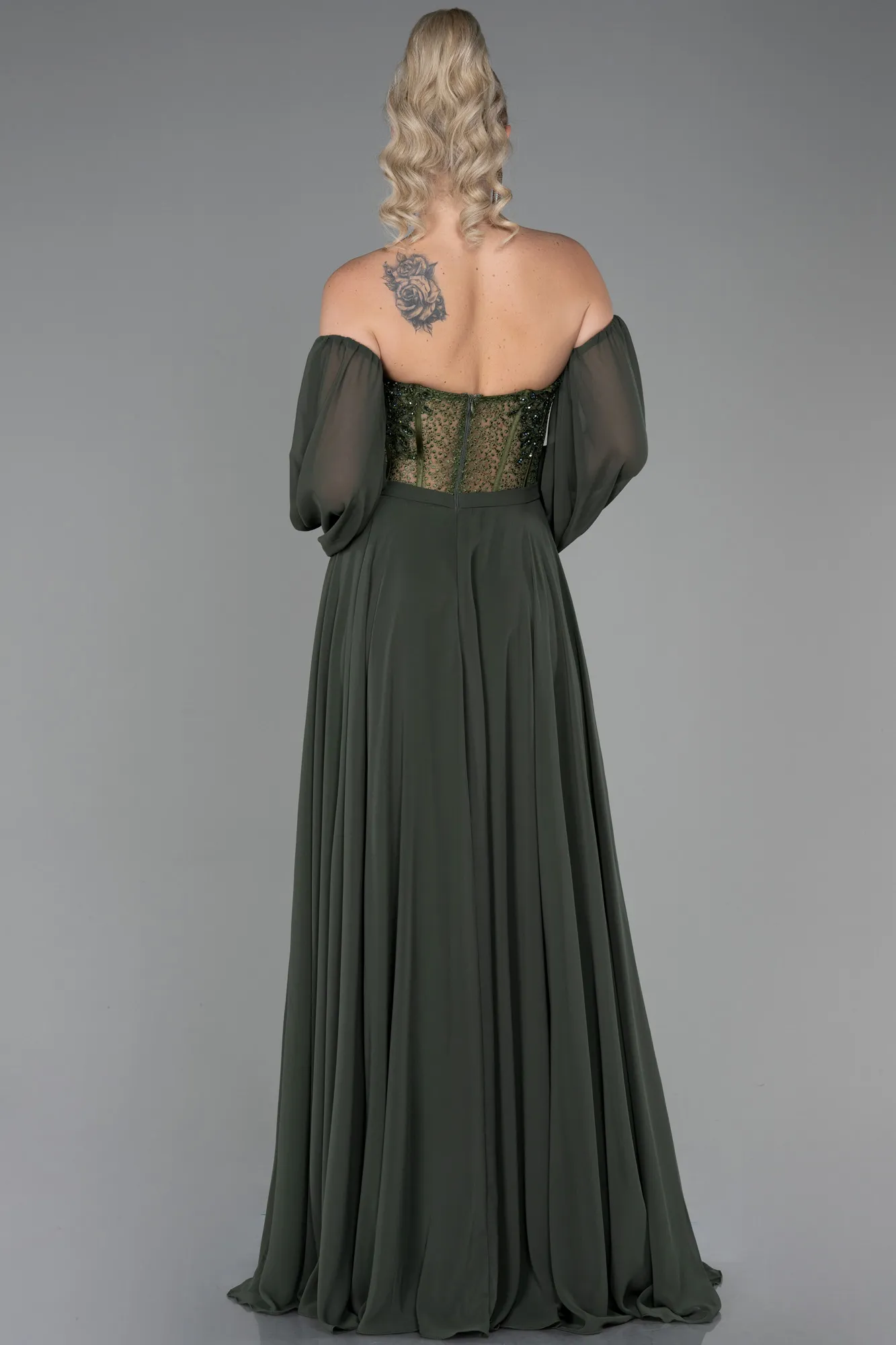 Olive Drab-Long Chiffon Evening Dress ABU3450