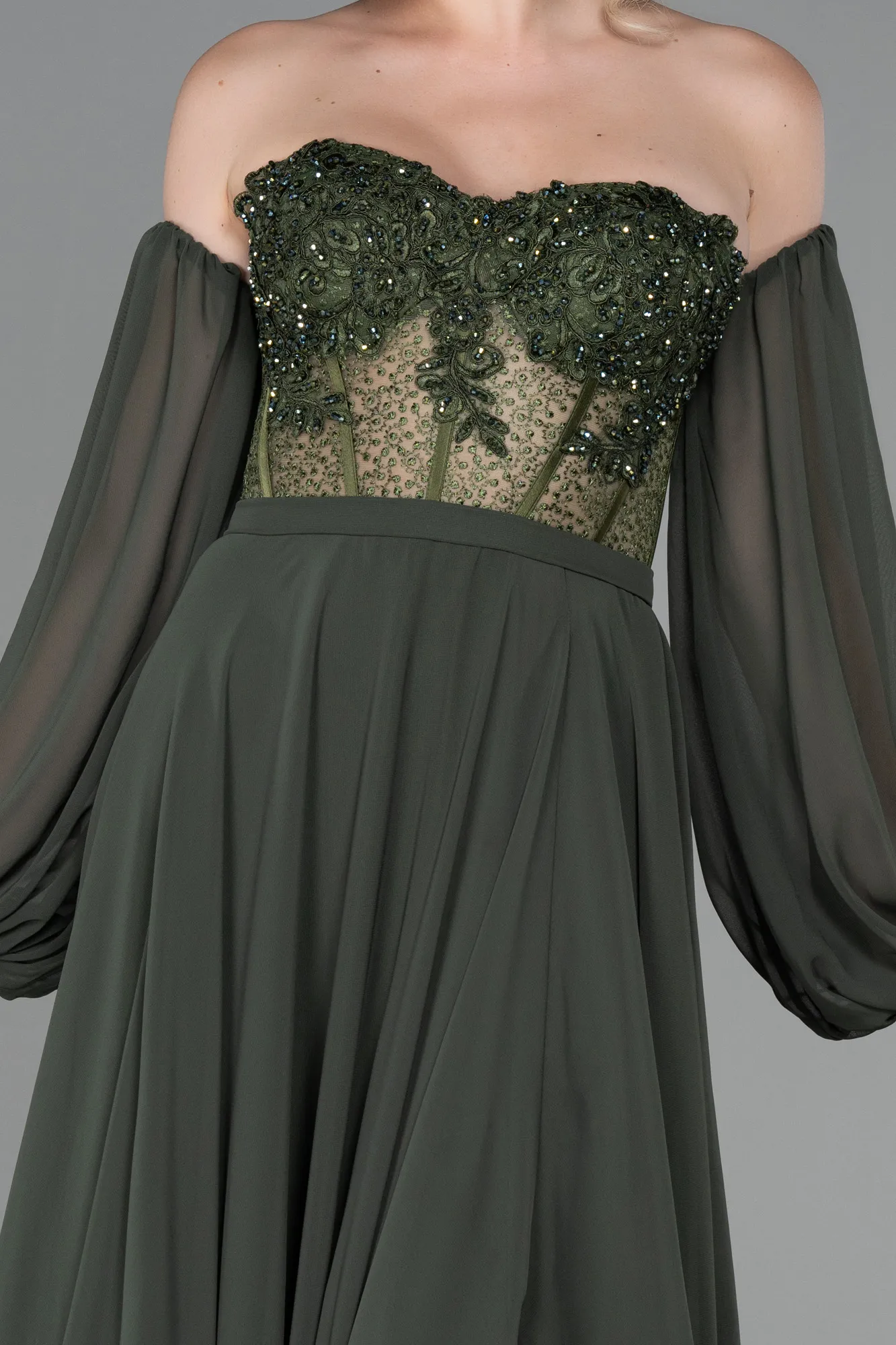 Olive Drab-Long Chiffon Evening Dress ABU3450