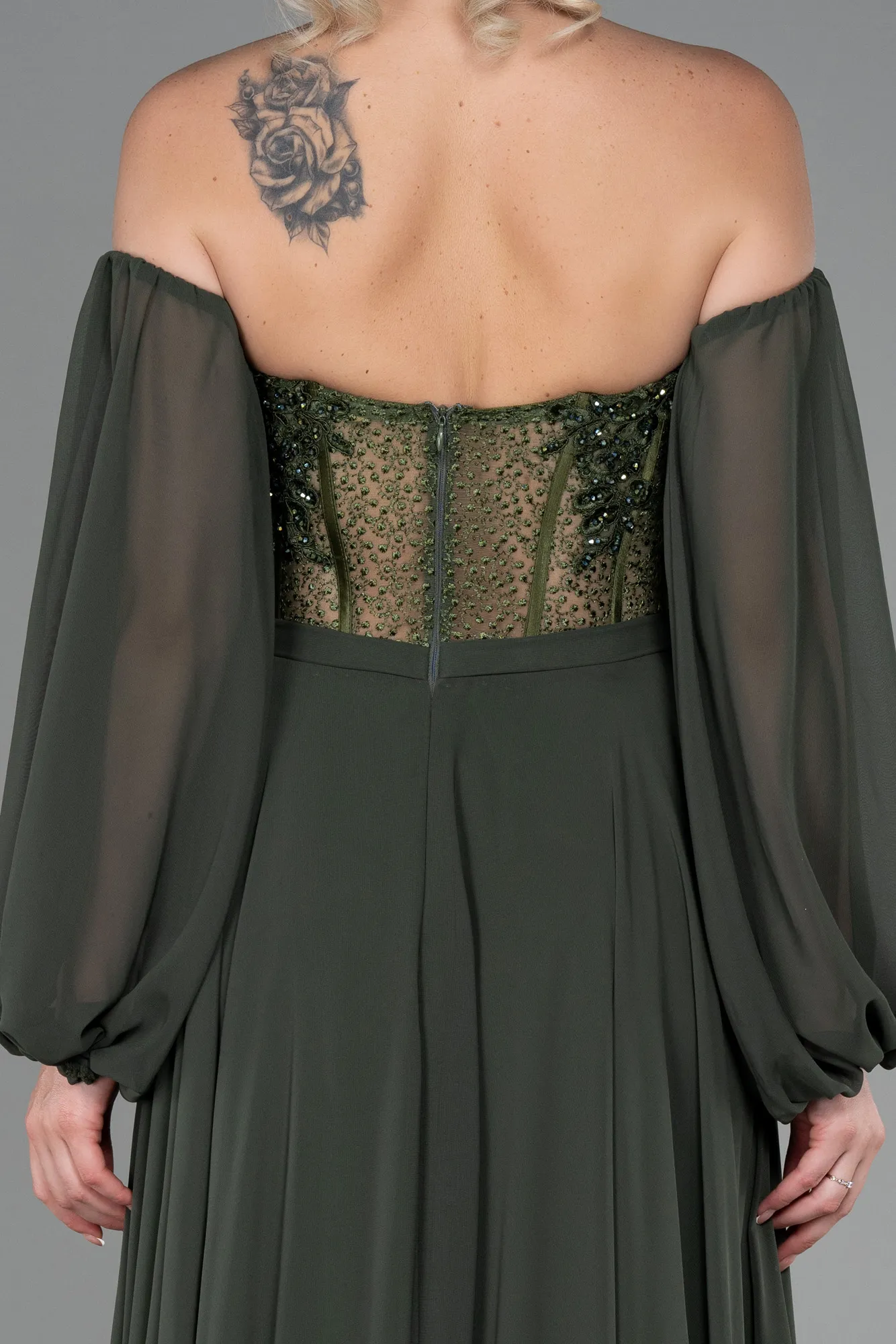 Olive Drab-Long Chiffon Evening Dress ABU3450