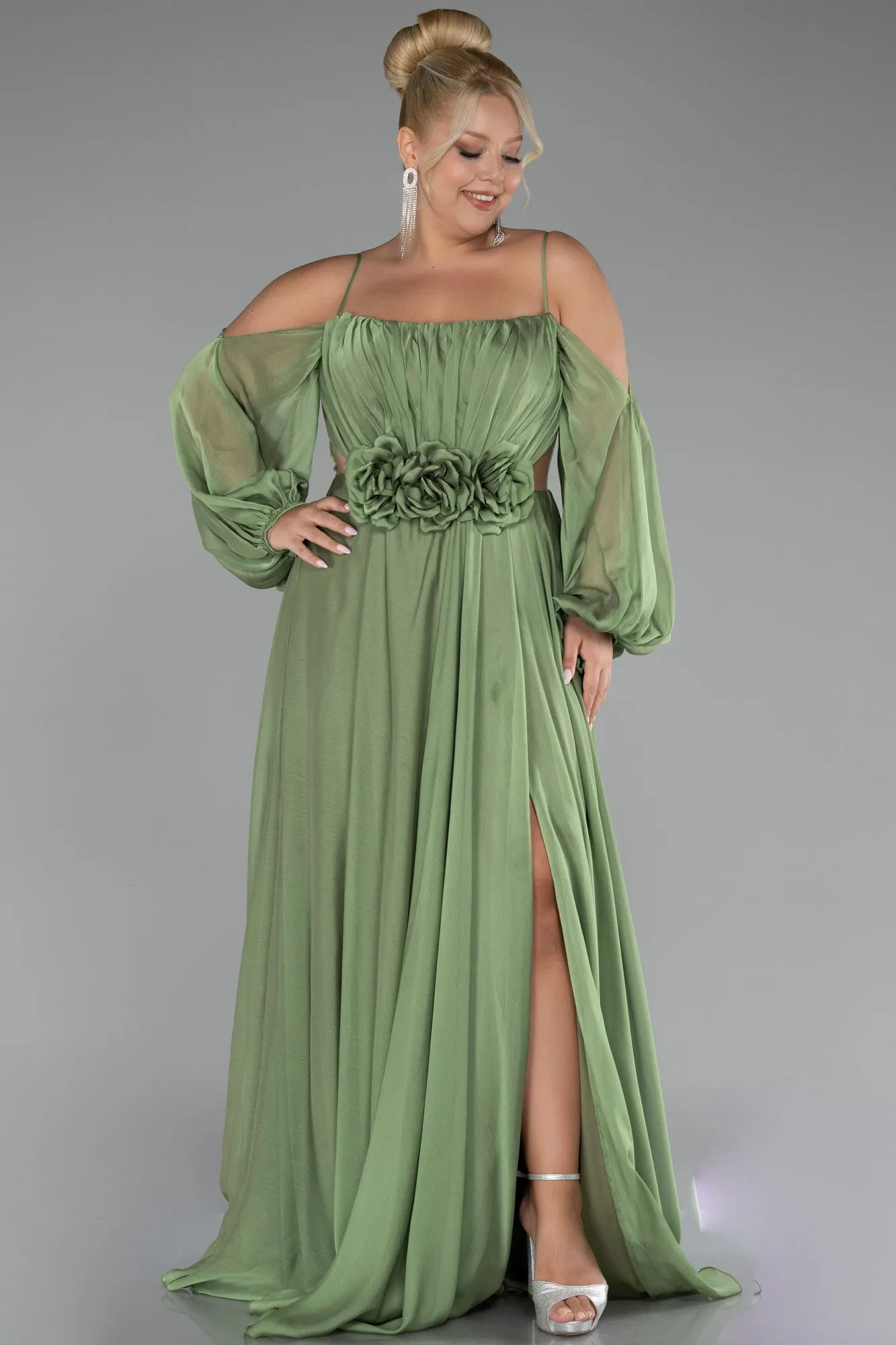 Olive Drab-Long Chiffon Plus Size Engagement Dress ABU4167