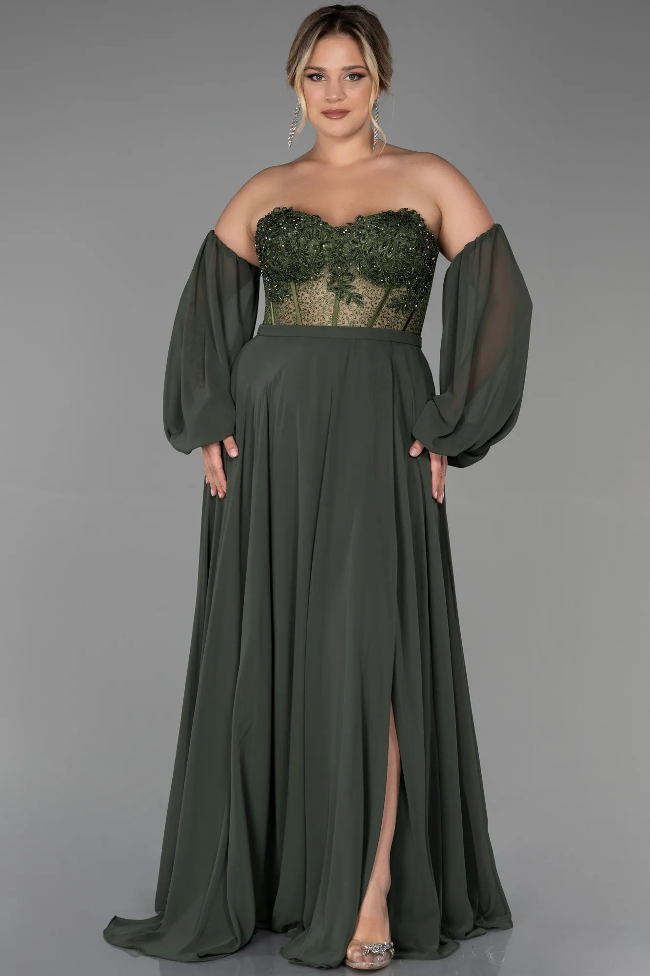 Olive Drab-Long Chiffon Plus Size Evening Dress ABU3451