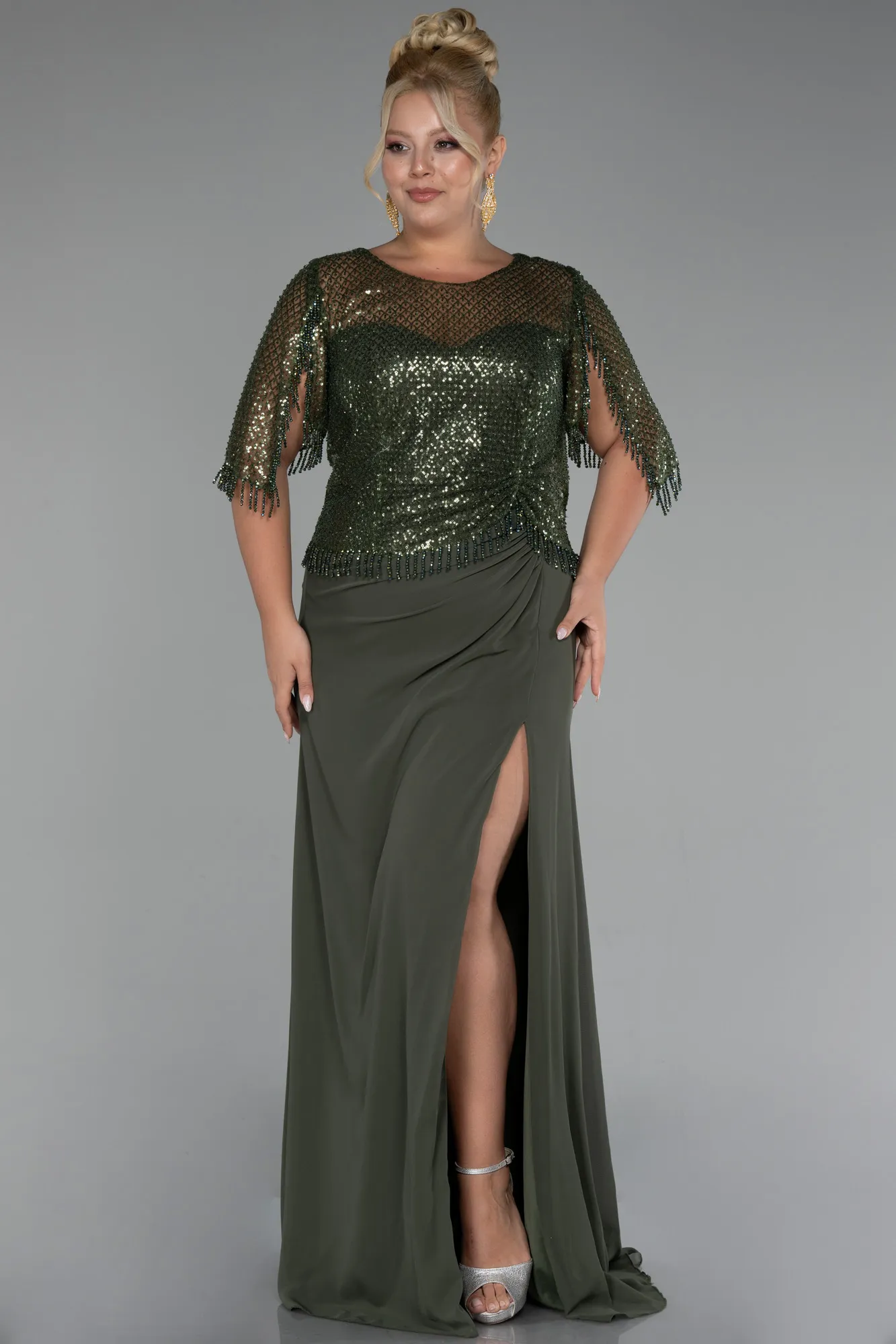 Olive Drab-Long Chiffon Plus Size Evening Dress ABU4075