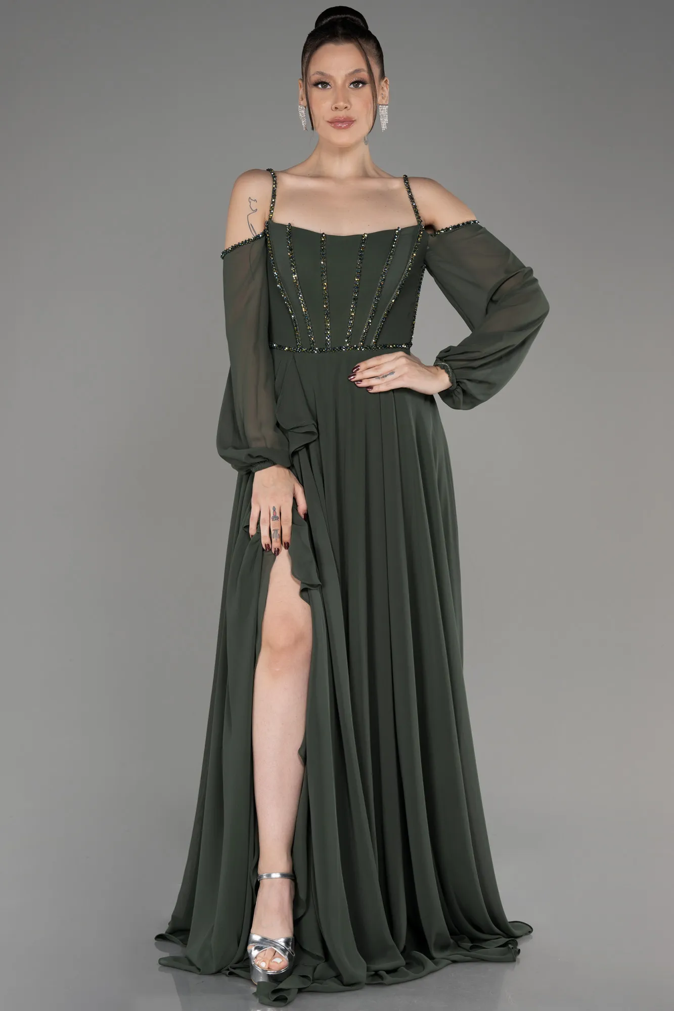 Olive Drab-Long Chiffon Slit Evening Dress ABU3914