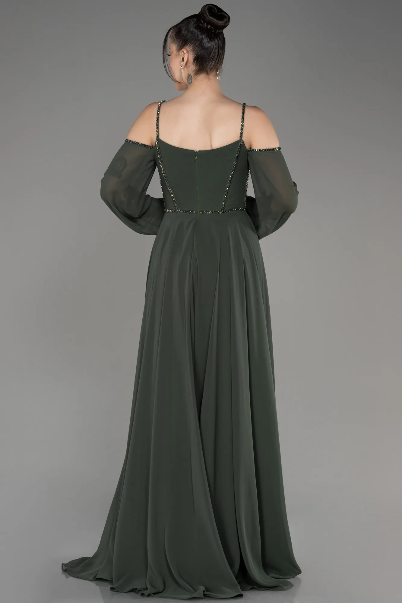 Olive Drab-Long Chiffon Slit Evening Dress ABU3914