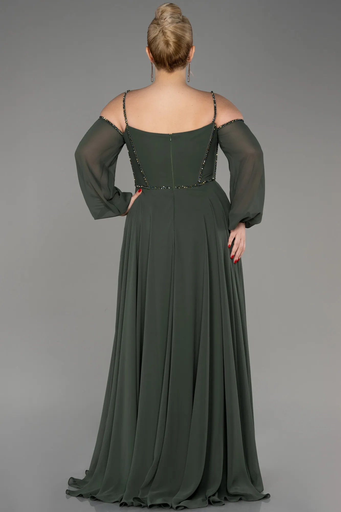 Olive Drab-Long Chiffon Slit Evening Dress ABU3915