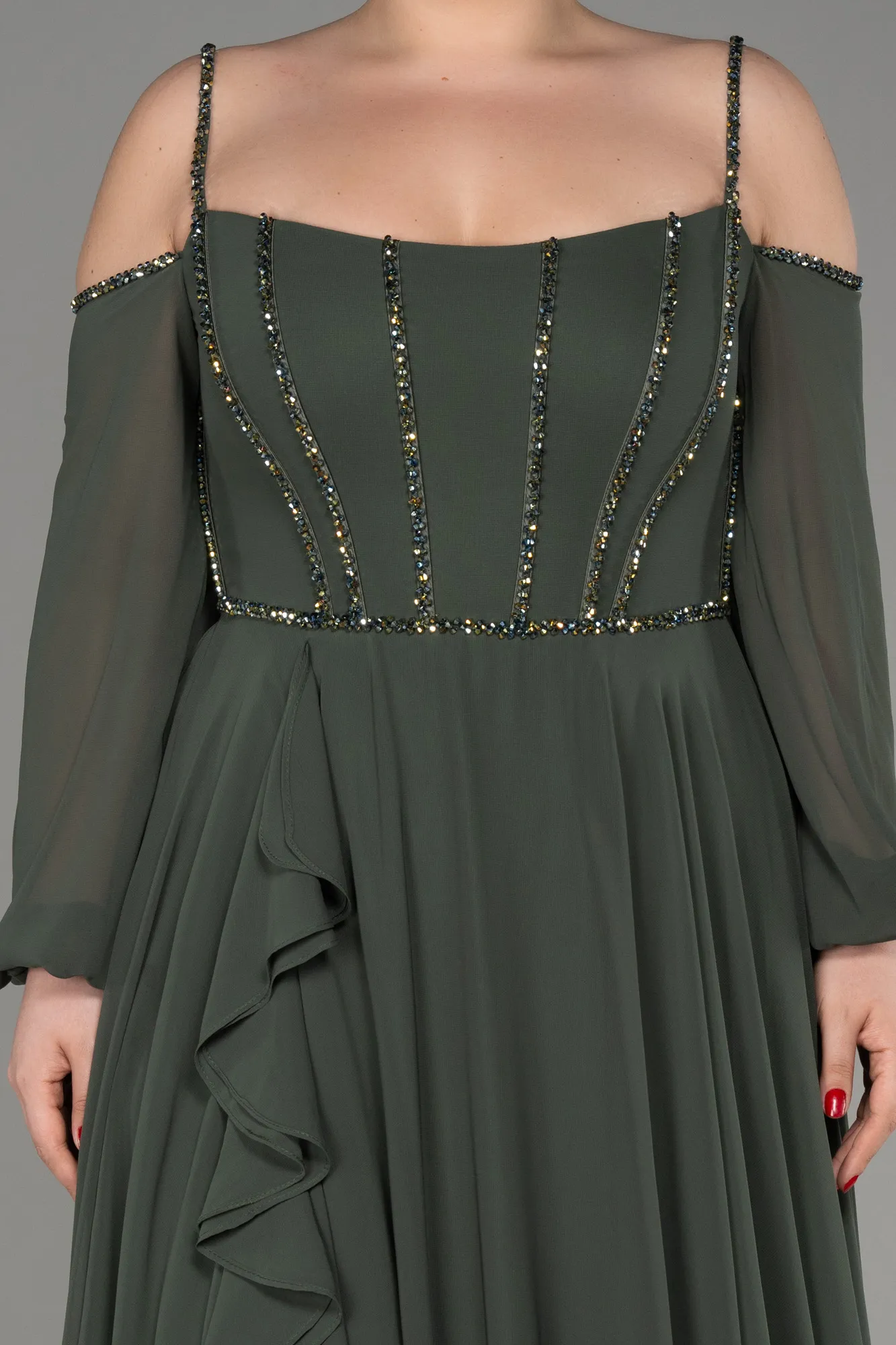 Olive Drab-Long Chiffon Slit Evening Dress ABU3915