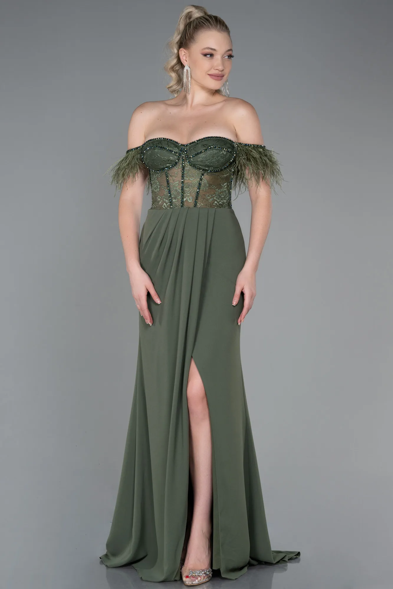 Olive Drab-Long Dantelle Evening Dress ABU3263