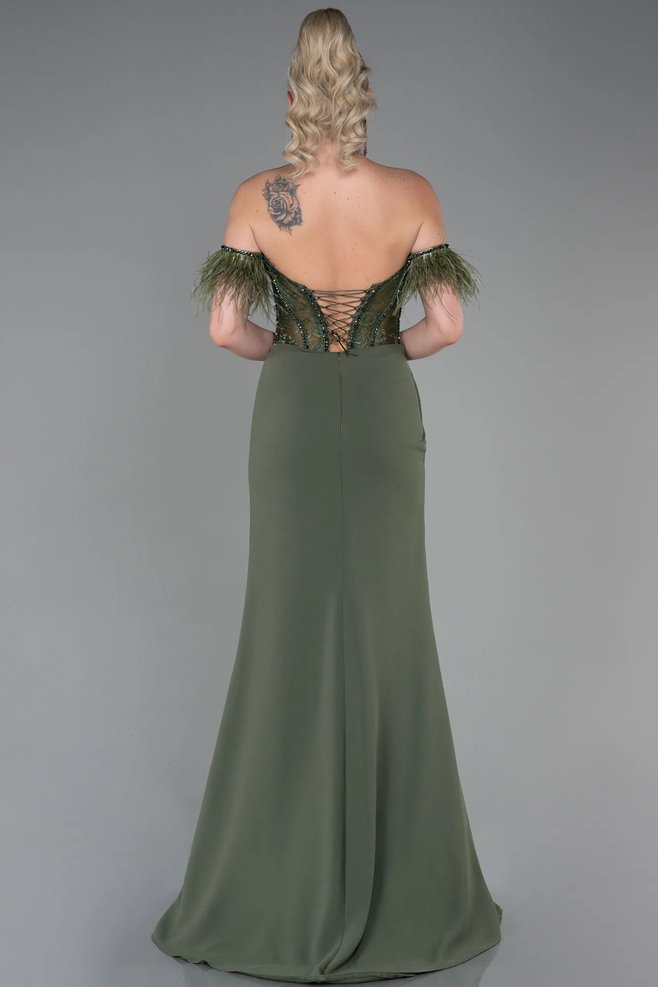 Olive Drab-Long Dantelle Evening Dress ABU3263