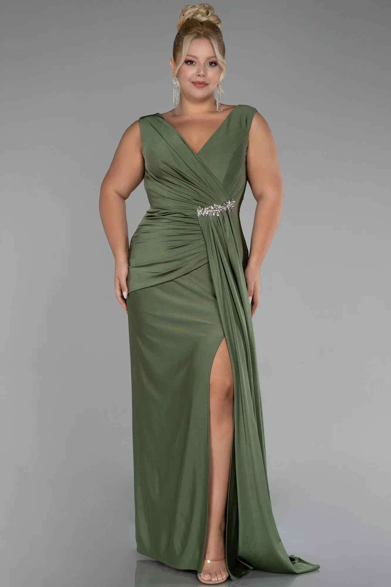 Olive Drab-Long Formal Plus Size Dress ABU3737