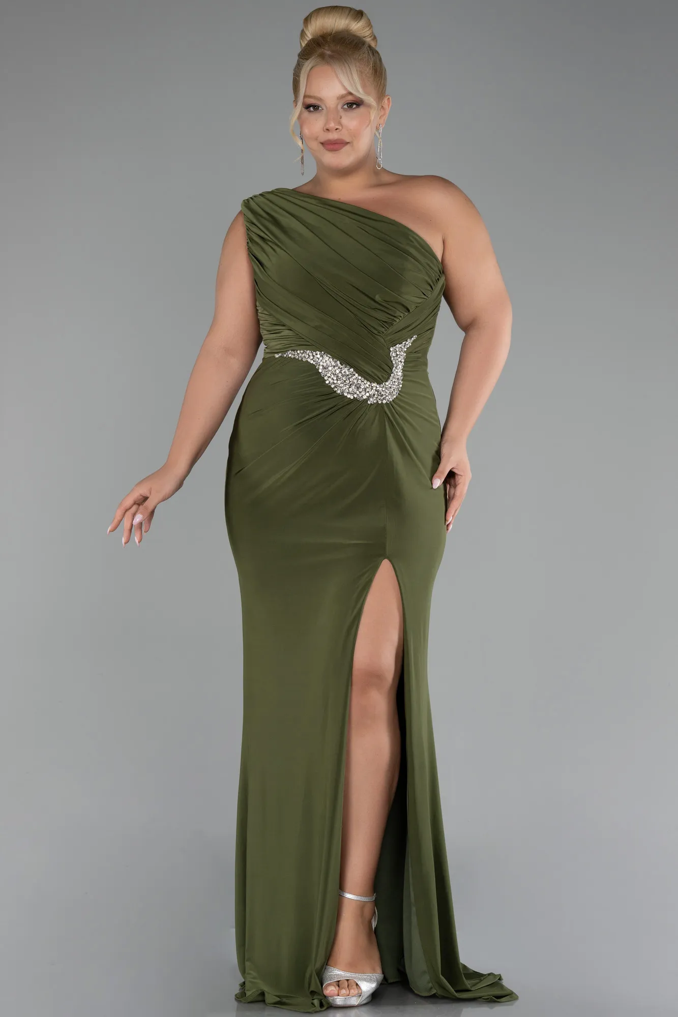 Olive Drab-Long Plus Size Engagement Dress ABU4148