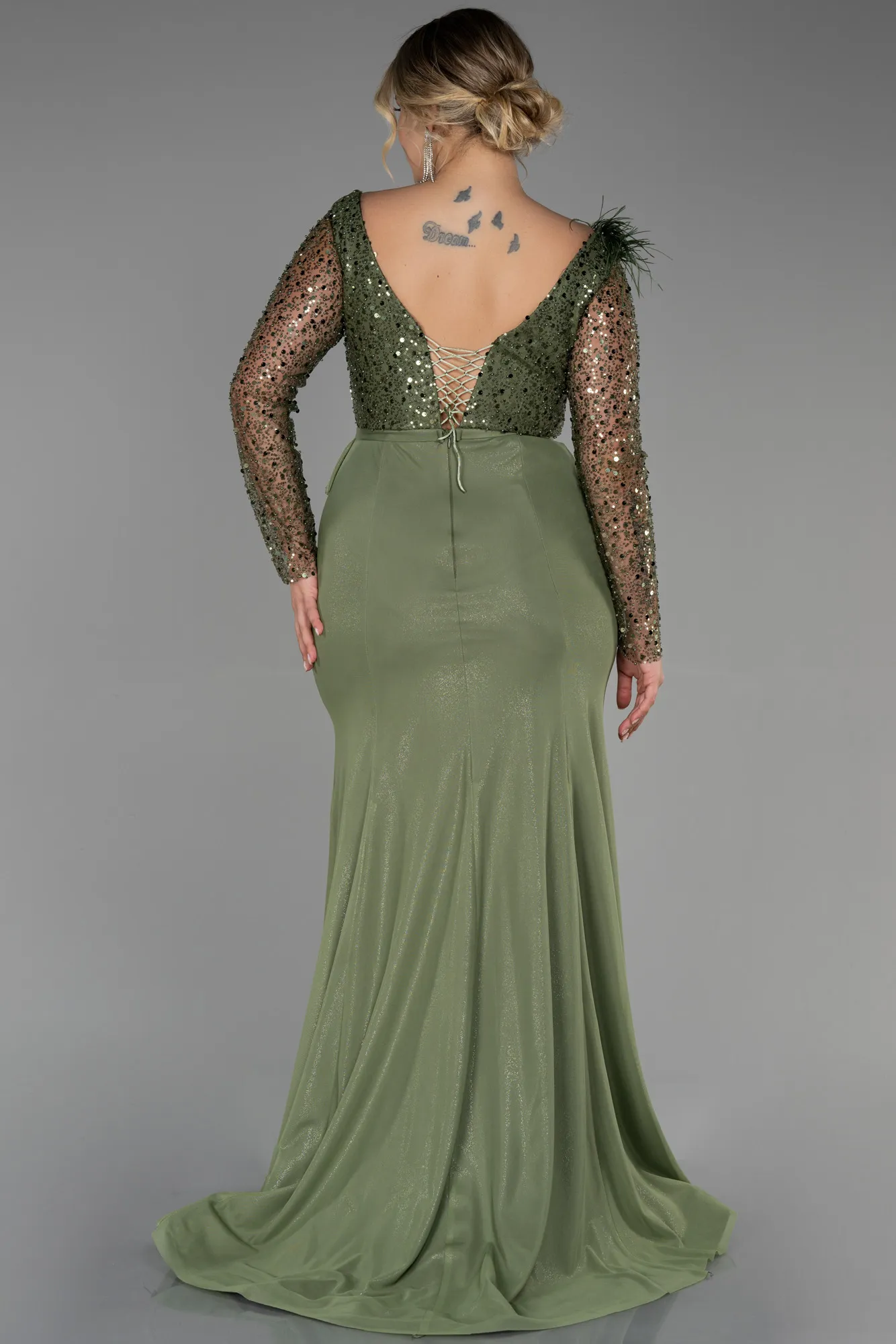 Olive Drab-Long Plus Size Evening Dress ABU3284