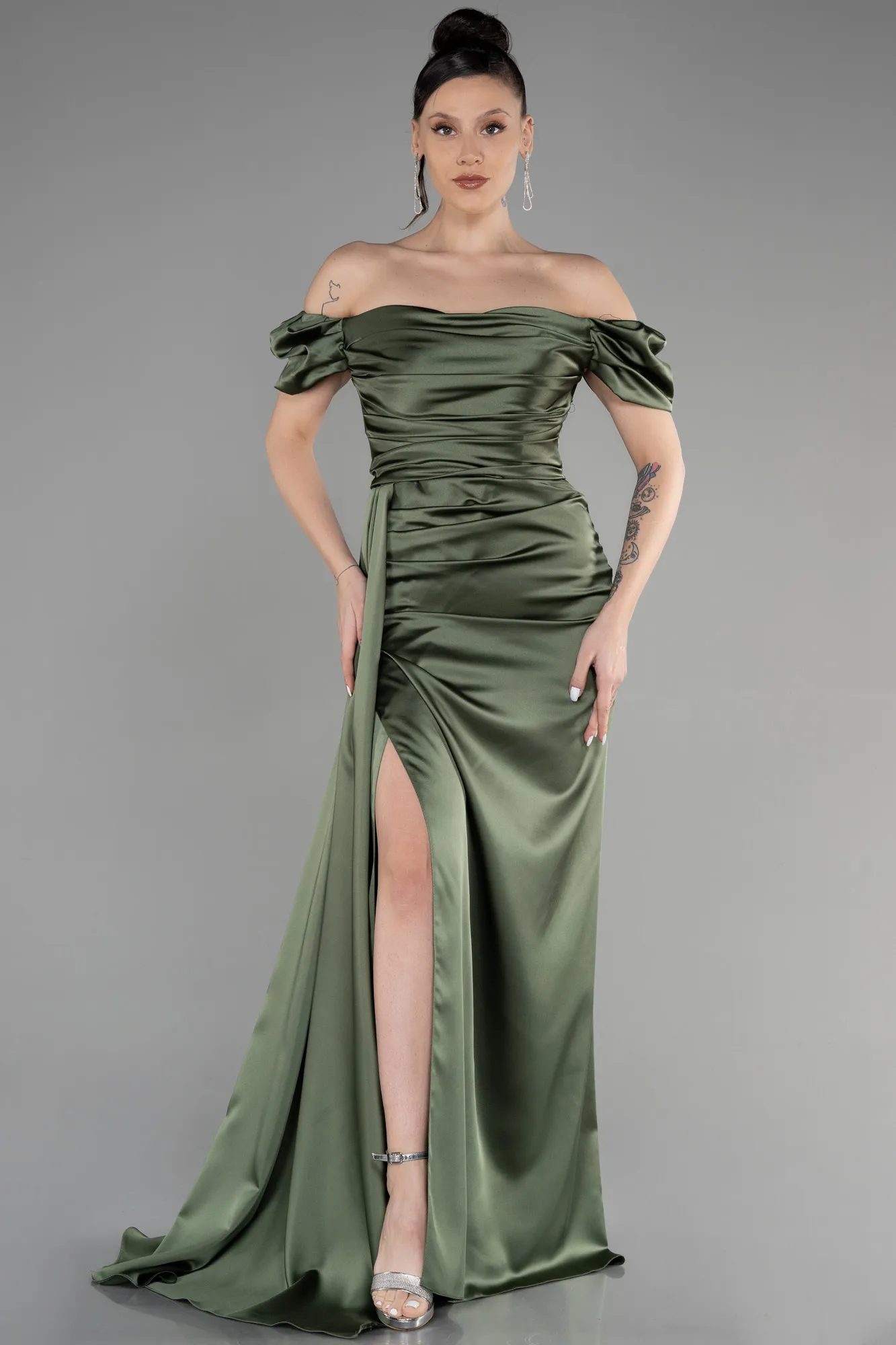 Olive Drab-Long Satin Engagement Dress ABU1606